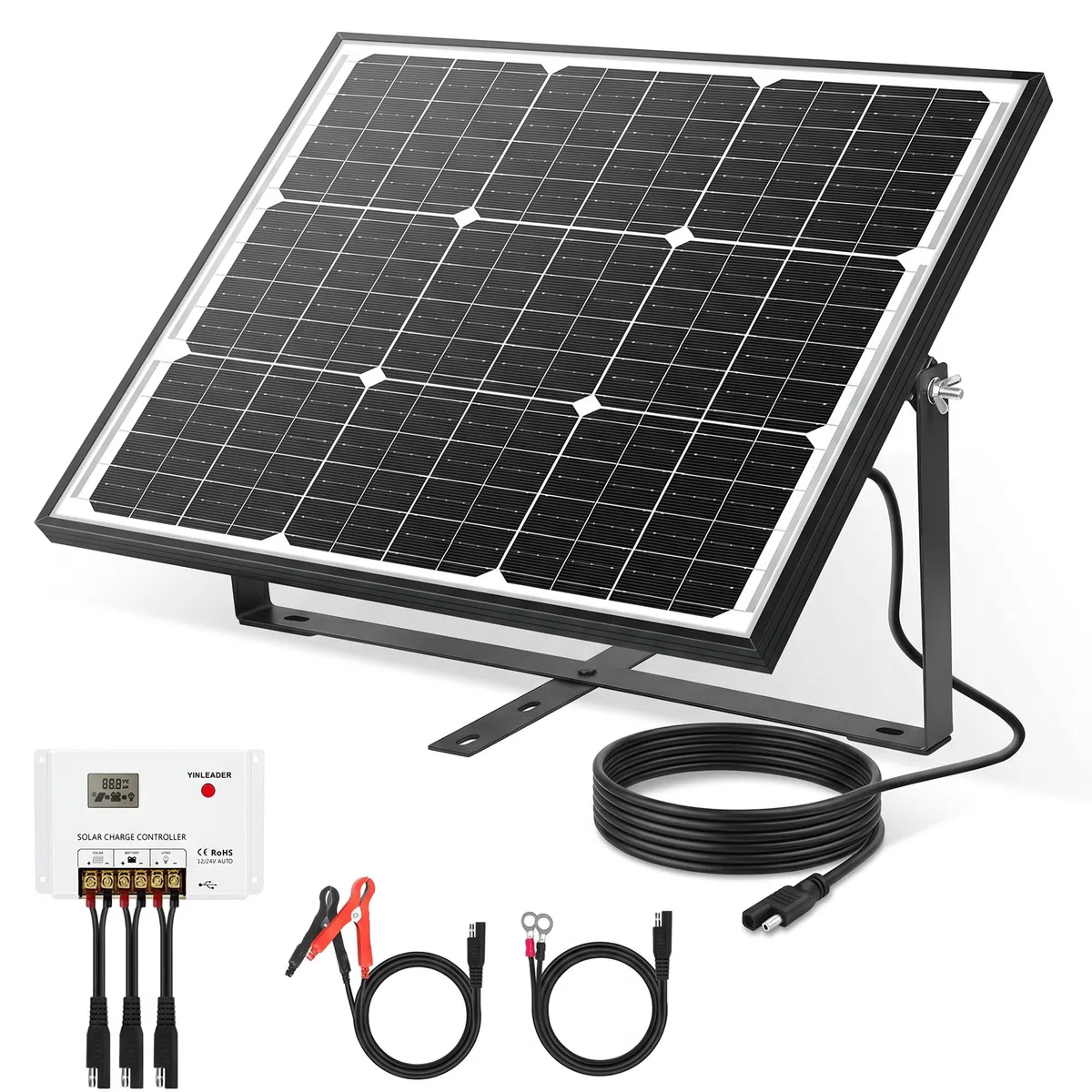 Yinleader 50W Solarpanel 12V Monokristallin Komplettset mit PWM Laderegler | PWM Laderegler SAE Krokodilklemmen & Ringkabelschuhe inklusive. Ideal für Autobatterie Wohnmobil Caravan Boot Balkon Camping.