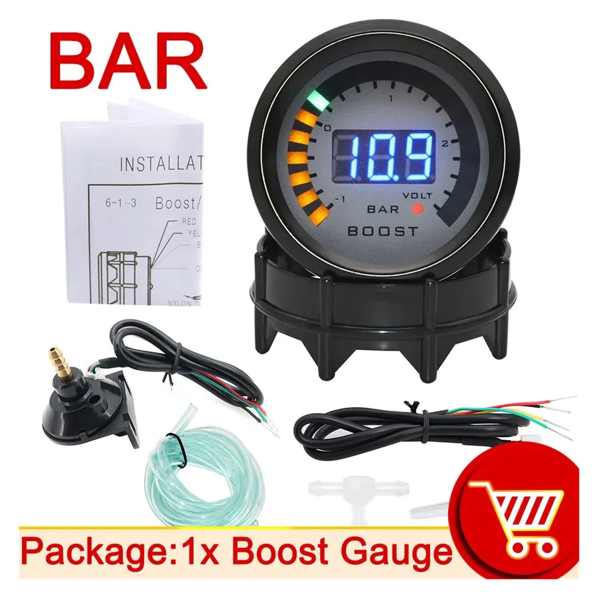 Druckregler, HD-Ladedruckanzeige, digital, PSI, Bar, Turbo-Ladedruckanzeige, Voltmeter, 52 mm, 12 V, LED, Turbo-Druckregler, Racing-Kit(Boost gauge bar)