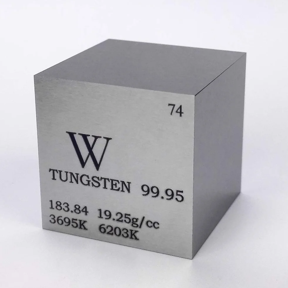 Würfel aus 99,95% Wolfram, 2,5 cm 25,4 mm, Metallwürfel, 315 g, Gravur mit Informationen aus dem Periodensystem der Elemente (englischsprachig)