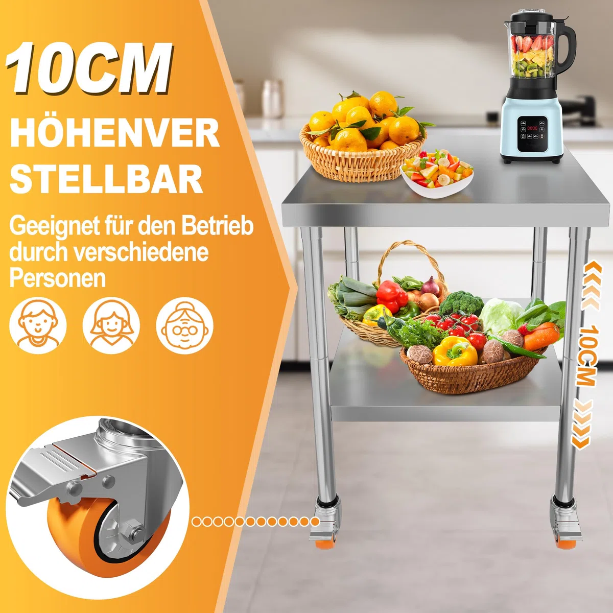 AufuN Edelstahl Arbeitstisch 61x46x85 cm mit Rollen & 2 Ebenen – Mobiler Arbeitstisch für Küche, Gewerbe, Restaurant & Hotel – Lebensmittelzubereitungstisch aus Edelstahl mit feststellbaren Rollen