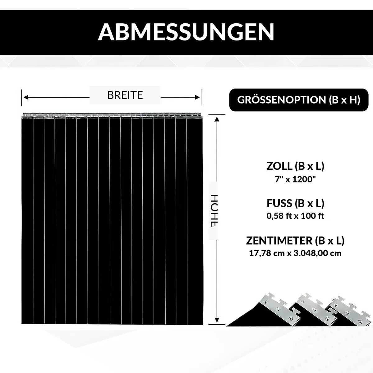 PVC-Streifenvorhang Schwarz 0.5x100' - 18cm Breite x 3048cm Höhe, Blickdicht, Lichtundurchlässig, Schwerlast, Wasserdicht, für Lager, Gefrierraum, Garage AP1173