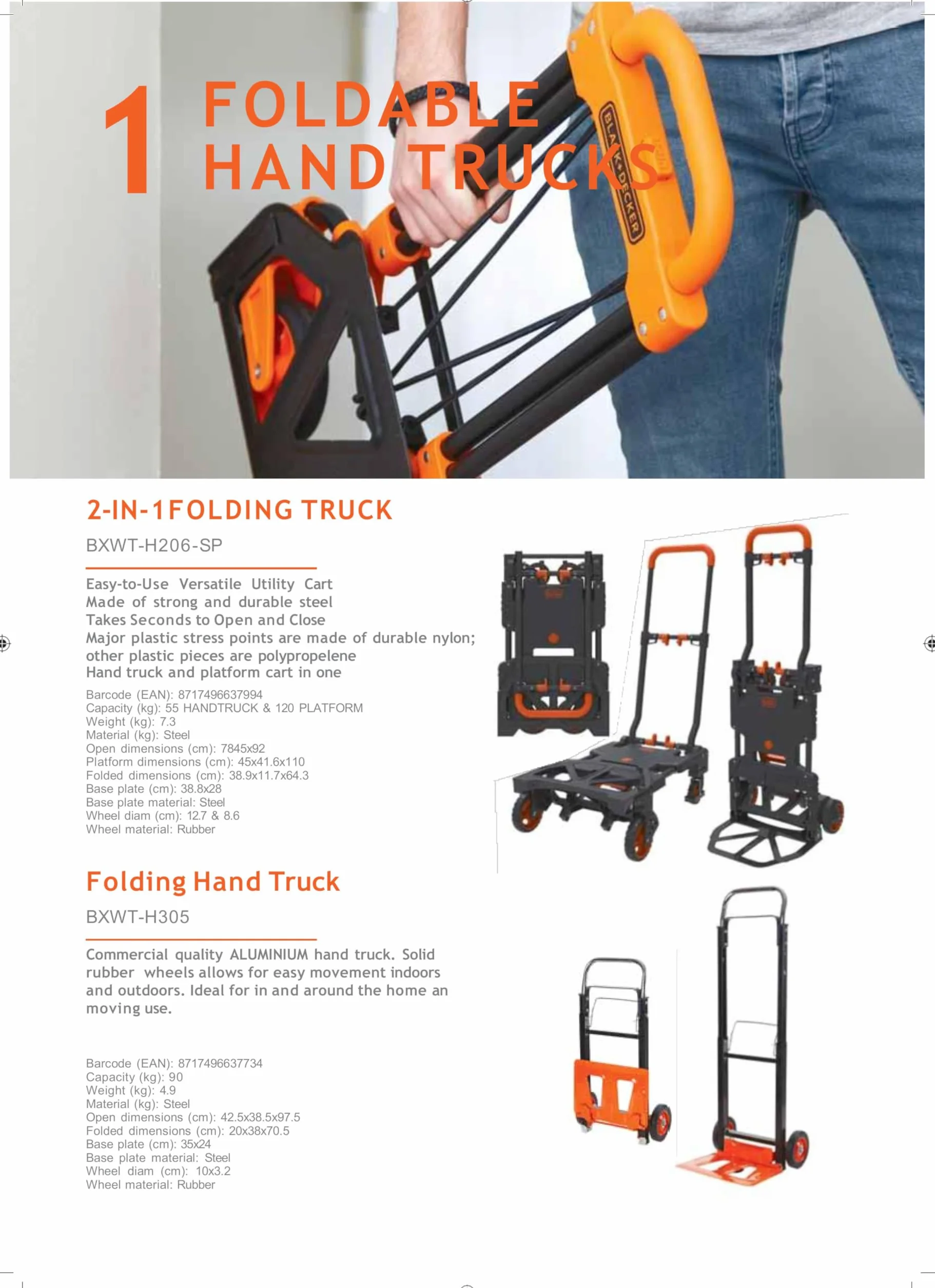 BLACK+DECKER 2-in-1 Sackkarre und Plattformwagen - Transportkarre max. 55KG - Transportwagen max. 120KG - Klappbarer Handwagen - Wagen mit robusten Rädern - Kunststoff/Stahl
