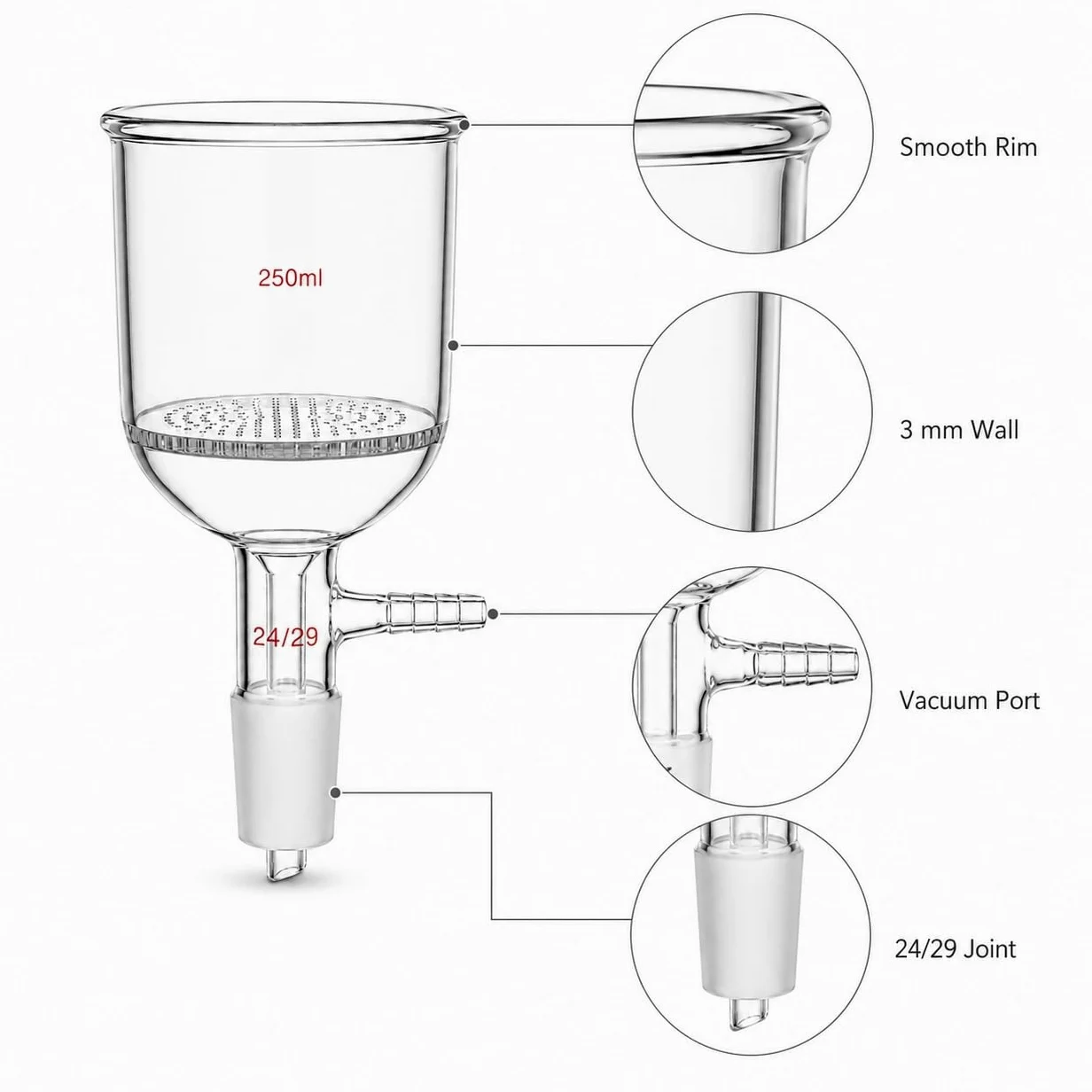 Büchnertrichter mit Poröser Glasplatte Borosilikatglas Vakuum Labor-19/26# 1000ml