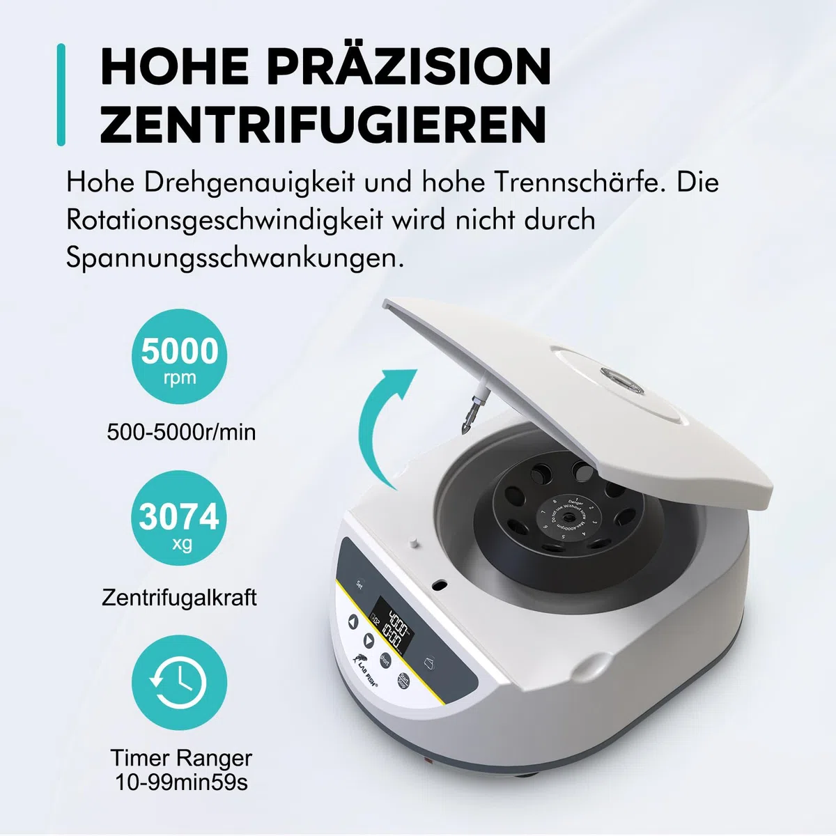 LAB FISH Labor Zentrifuge für 2ml 5ml 10ml 15ml Röhrchen, 500-5000 U/min Niedrigtourig, Max. 3074xg, 8-fach Rotor, Ideal für PRP/PRF