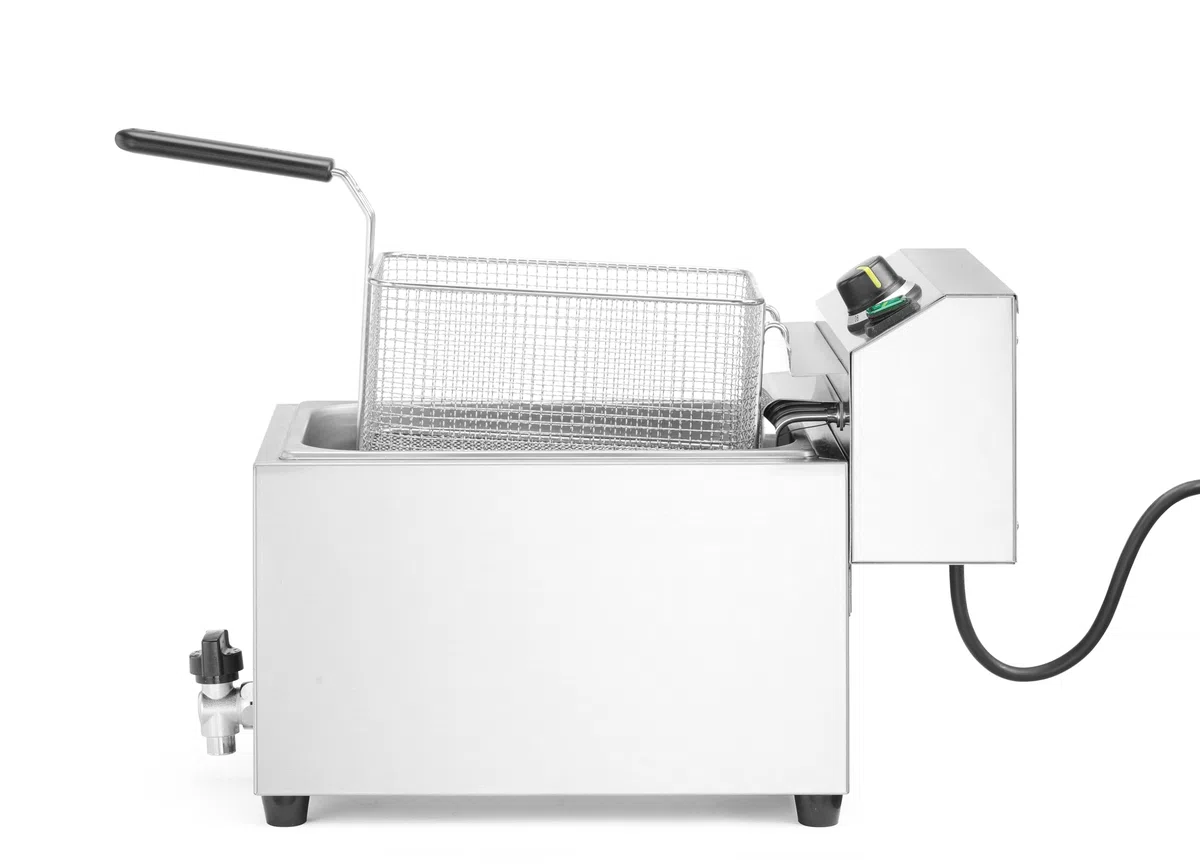 HENDI Fritteuse XL, GOLIATH, mit Ablasshahn, mit Frittierkorb und Deckel, Temperaturbereich: 50° bis 190°C, Kaltzone, extra Leistung, Frittierbehälter, 10L, 400V/10,2kW, 300x585x(H)392mm, Edelstahl