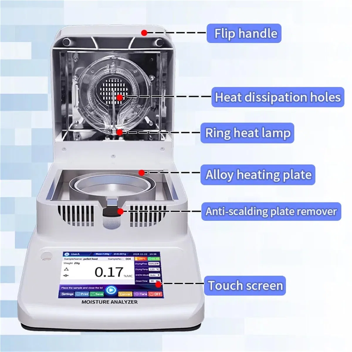 Feuchtigkeitsmessgerät, 5-Zoll-Touchscreen-Halogen-Feuchtigkeitsmessgerät Mit Kunststoffpartikelheizung For Lebensmittel Und Futtermittel (120 G)(120g 0.001g)