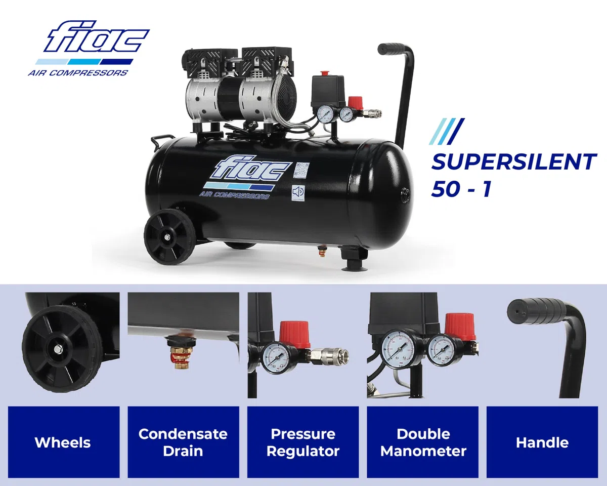 FIAC Leiser Mobiler Luftkompressor SUPERSILENT 50, Ölfrei, Maximaler Druck 8 Bar, 1 PS, 50-Liter-Tank, Geräuschpegel 58 dB LpA