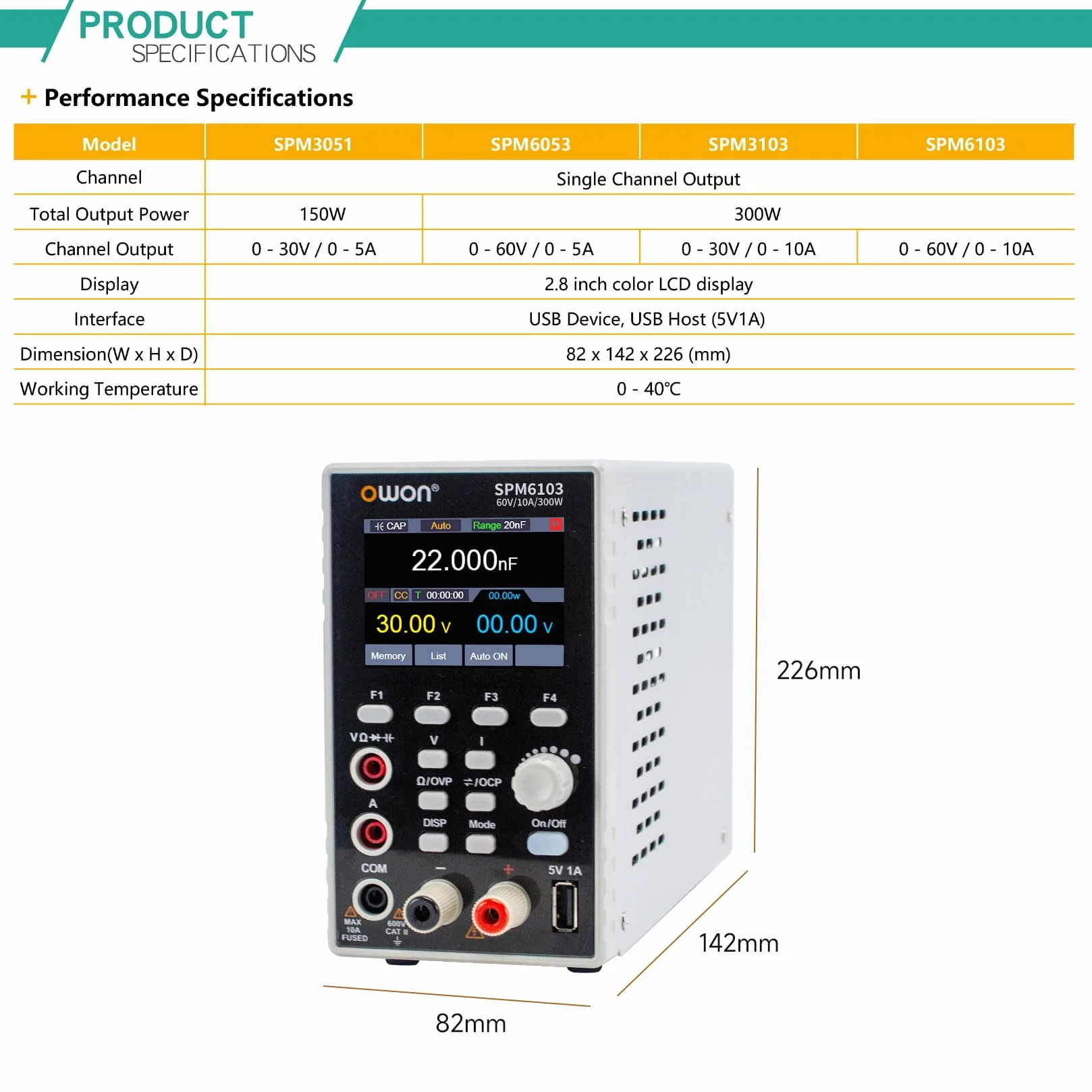 OWON Labornetzteil (0-60V,0-10A), SPM6103 2-in-1 DC Netzteil und Multimeter, Programmierbares DC Labornetzteil mit 300W Ausgangsleistung 2.8-Zoll LCD Display, 4 1/2 Digital Multimeter