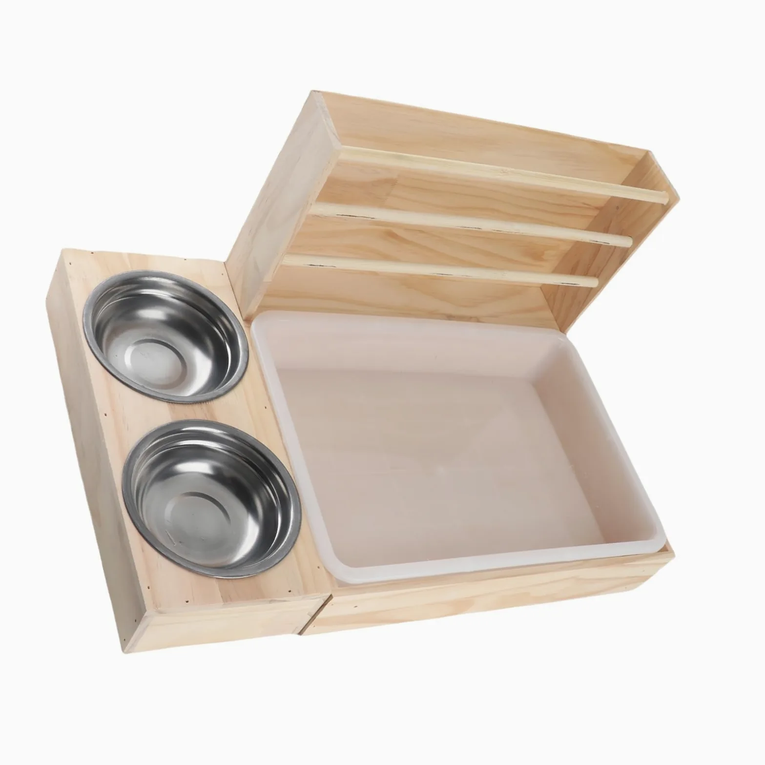 Cocoarm Kaninchen Heuraufe, 3 in 1 Futterspender aus Holz mit Großer | Katzentoilette aus Massivholz und Kunststoff, Edelstahlnäpfe, Kippsicher