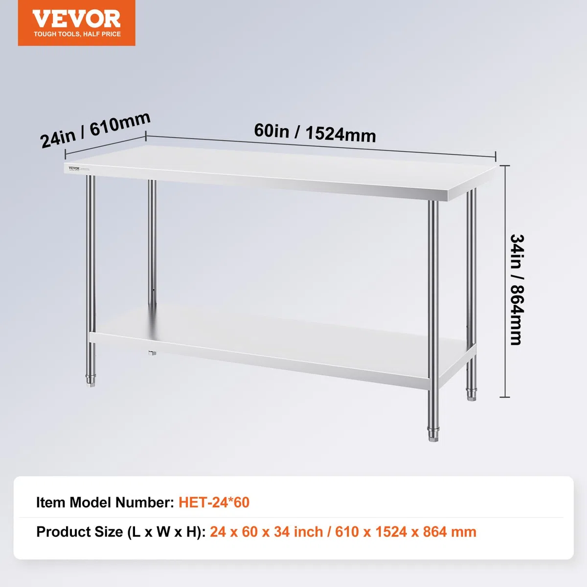 VEVOR Edelstahl Arbeitstisch Küche, Edelstahltisch mit 4 Universalrädern Rollen, Küchetisch für küchenvorbereitungsarbeit, 61 x 152 x 86 cm