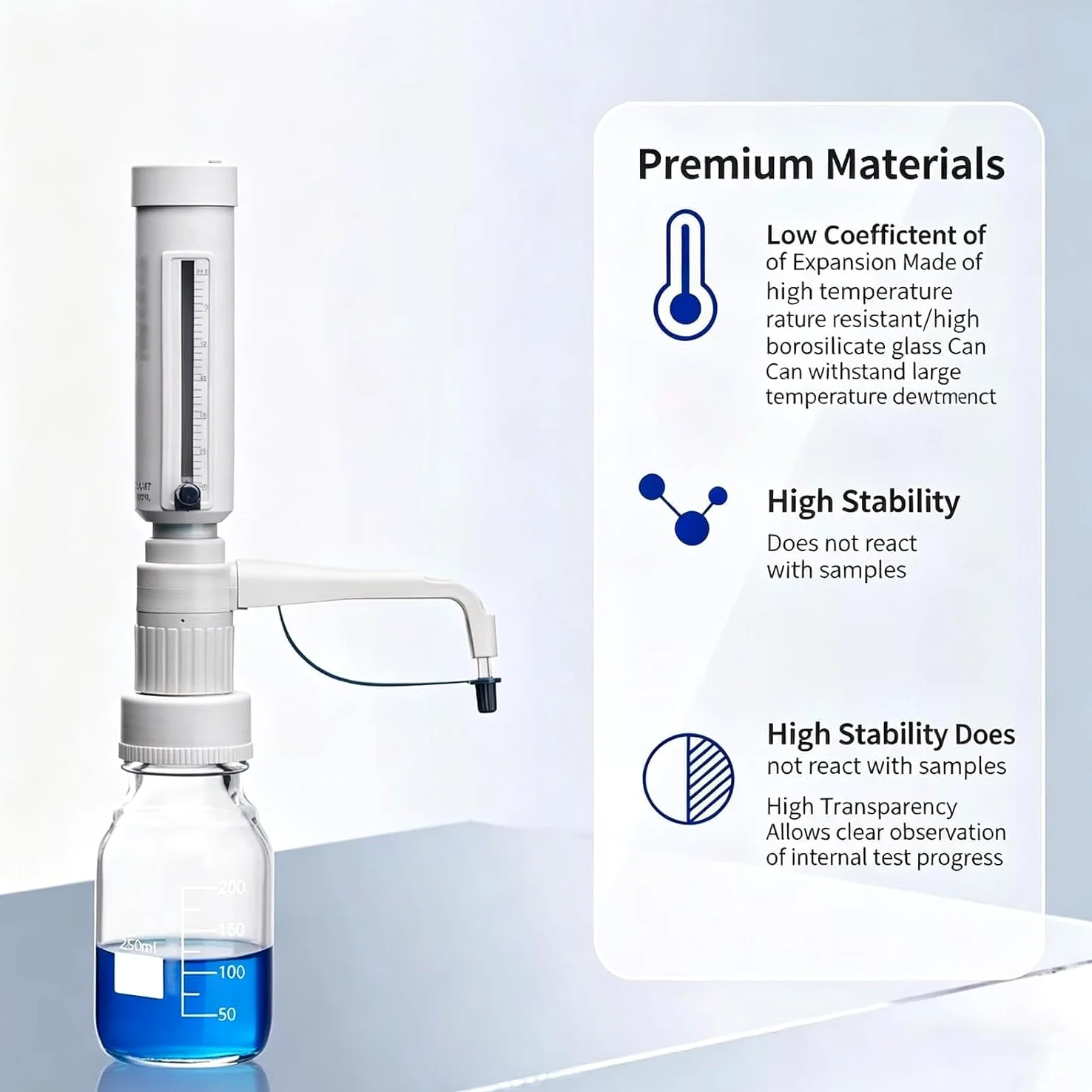 Labor-flüssigkeitsbürette, Flaschenaufsatz-dosierer, Quantitative Dosierer, Einstellbares Volumen 5–30 Ml, Mit 5 Gl-gewindeadaptern, Dosiert Reagenzien Präzise Aus Laborflaschen. 250ml
