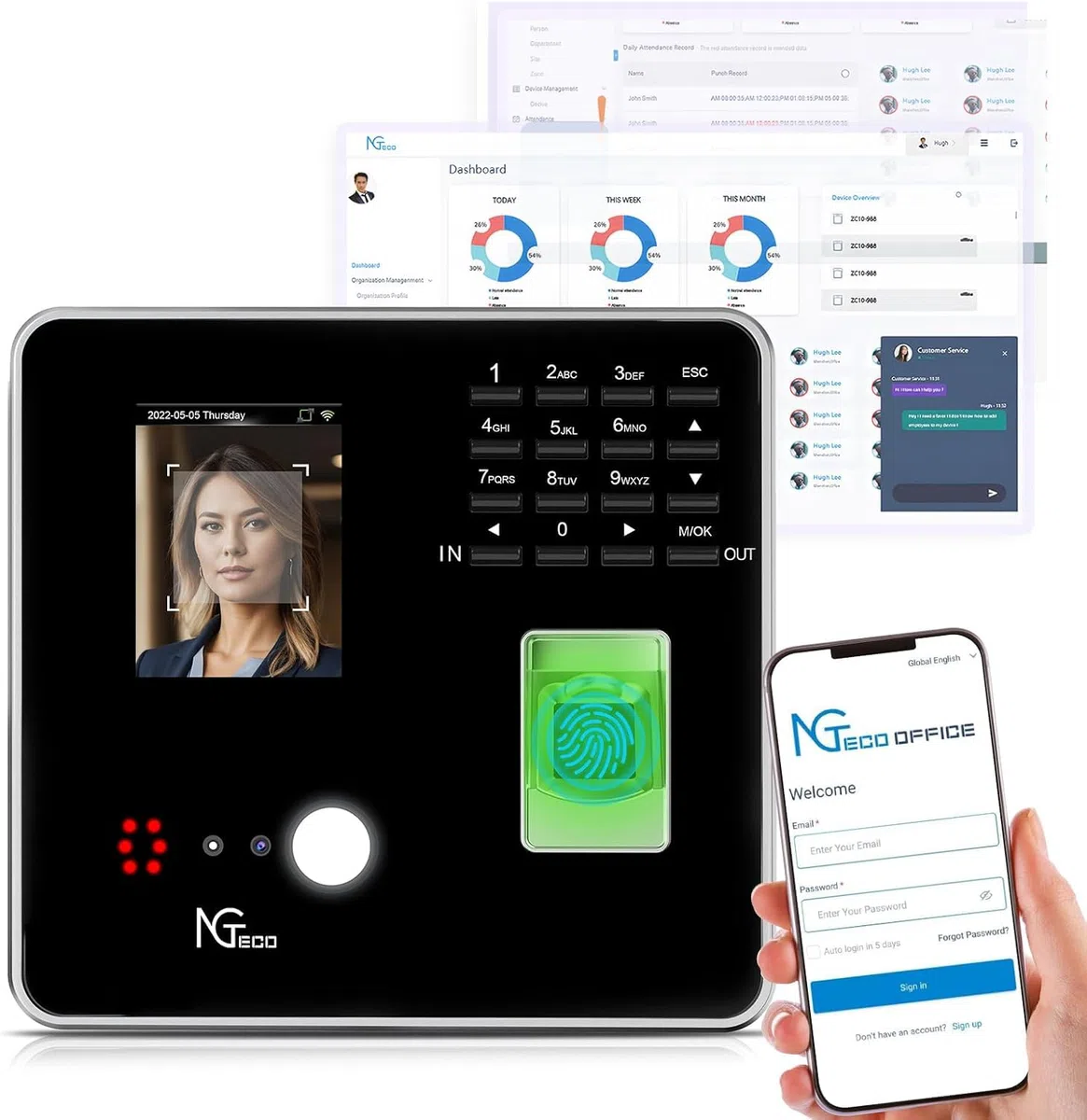 NGTeco Cloud-Zeiterfassung für Kleinbetriebe, 2,4 GHz WLAN Zeiterfassungsgerät mit App iOS/Android, Inkl. 5 RFID-Karten, Keine monatlichen Kosten