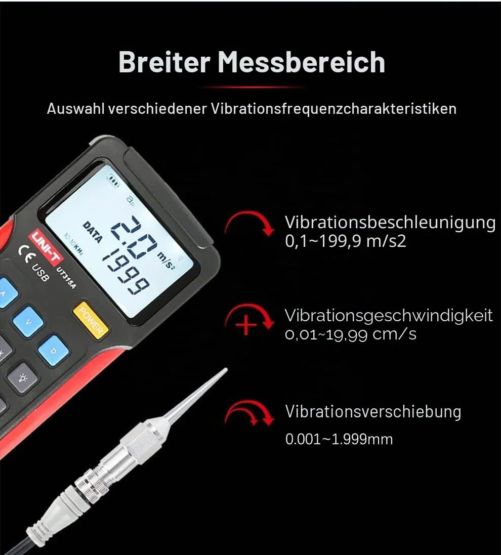 UNI-T UT315A Schwingungstester, 0,1-199,9 m/s² Beschleunigung, 0,1-19,99 mm/s, Geschwindigkeit, 1-1,999 mm Verschiebung
