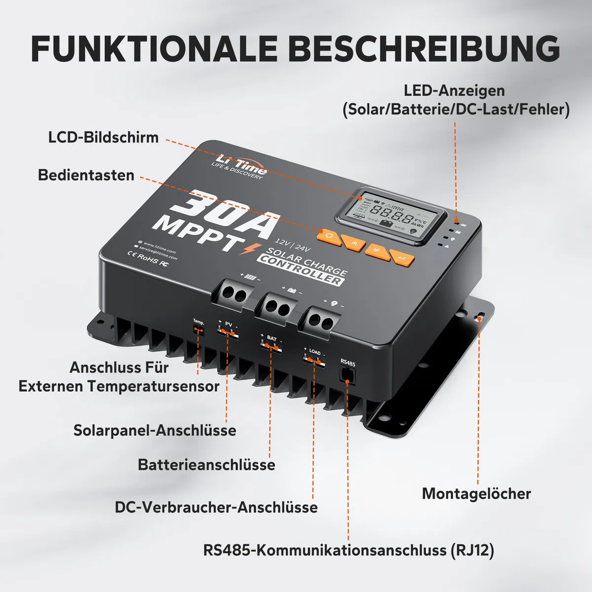 LiTime 30A MPPT 12V/24V Auto DC Input Solar Laderegler mit Bluetooth-Modul, Parameter einstellbares LCD-Display, LED-Anzeigen Solarpanel Regler, für Lithium Batterie