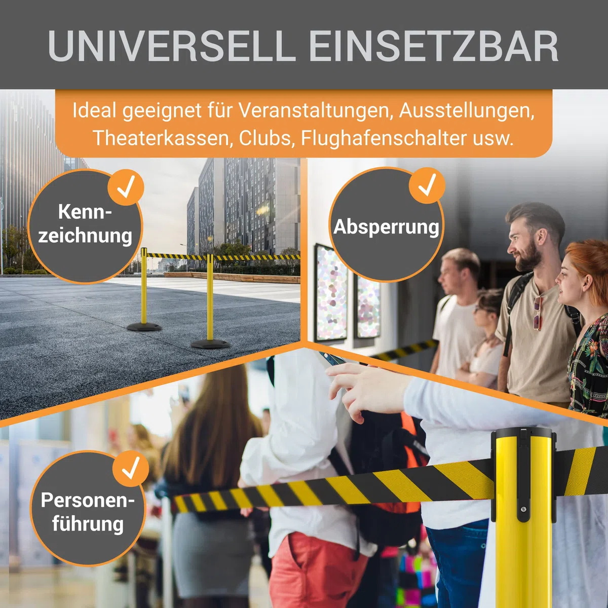 wolk Gurtpfosten 4er Set Gelb 3 m, Absperrpfosten Personenleitsystem | 4 Kunststoff Absperrständer mit 3 m gelb-schwarzem Gurtband für Sicherheitsbereiche, Baustellen und Veranstaltungen