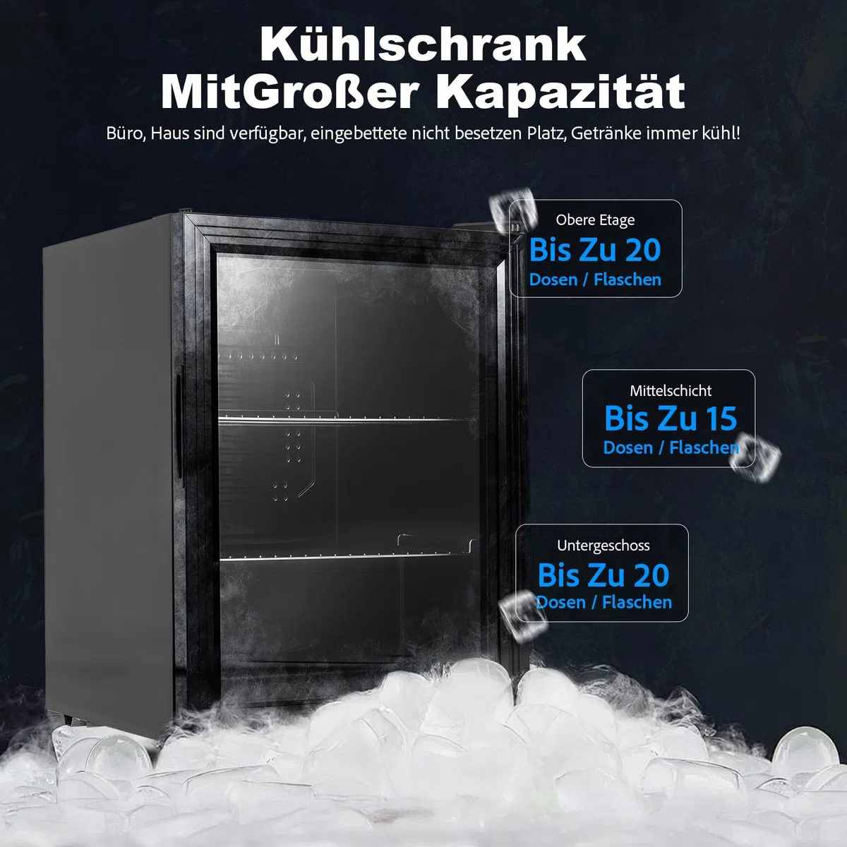 Mini Getränkekühlschrank 60L mit Glastür – Kompakter Kühlschrank mit verstellbaren Ablagen, leise Kompressor Kühlung, LED Beleuchtung für Bier, Wein, Zuhause, Büro [Energieklasse D]