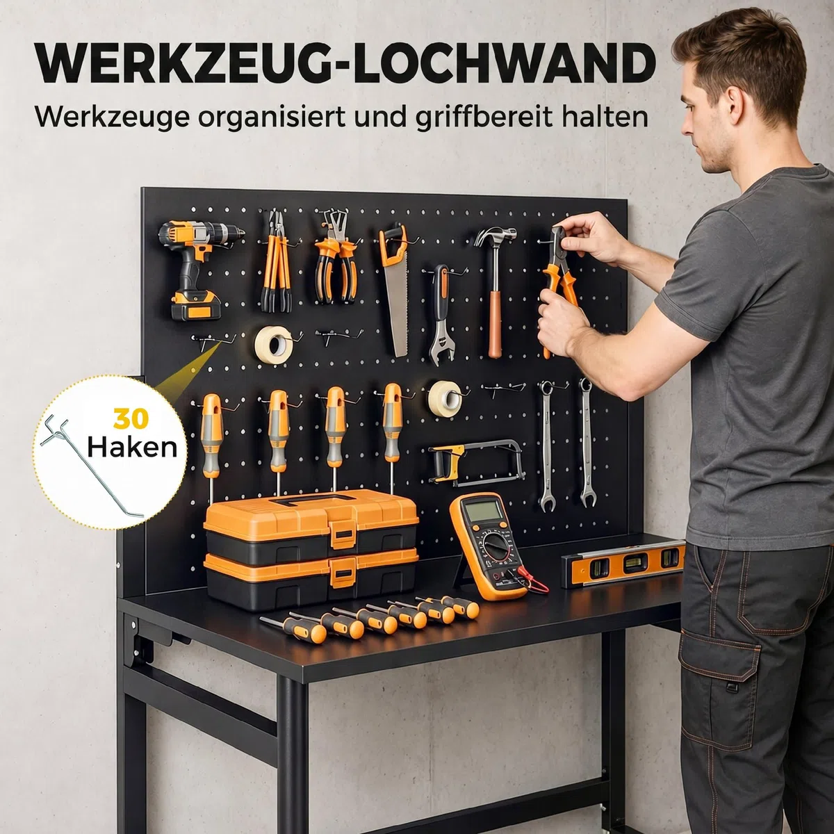 HOMCOM Werkbank mit Lochwand, 115 x 62 x 143,5 cm Klappbare Mobile Werkbank mit Rollen, Dicke Arbeitsplatte, Stahlrahmen, Haken, Werktisch für Garage, Holzwerkstatt, Schwarz
