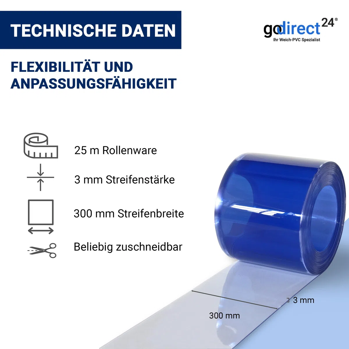 Zettl GmbH PVC-Streifen Rollenware, 3x300mm, 25m, transparent/durchsichtig | UV-beständig, wetterfest & witterungsbeständig, zur Verwendung als PVC-Streifenvorhang/Lamellenvorhang, Industrievorhang