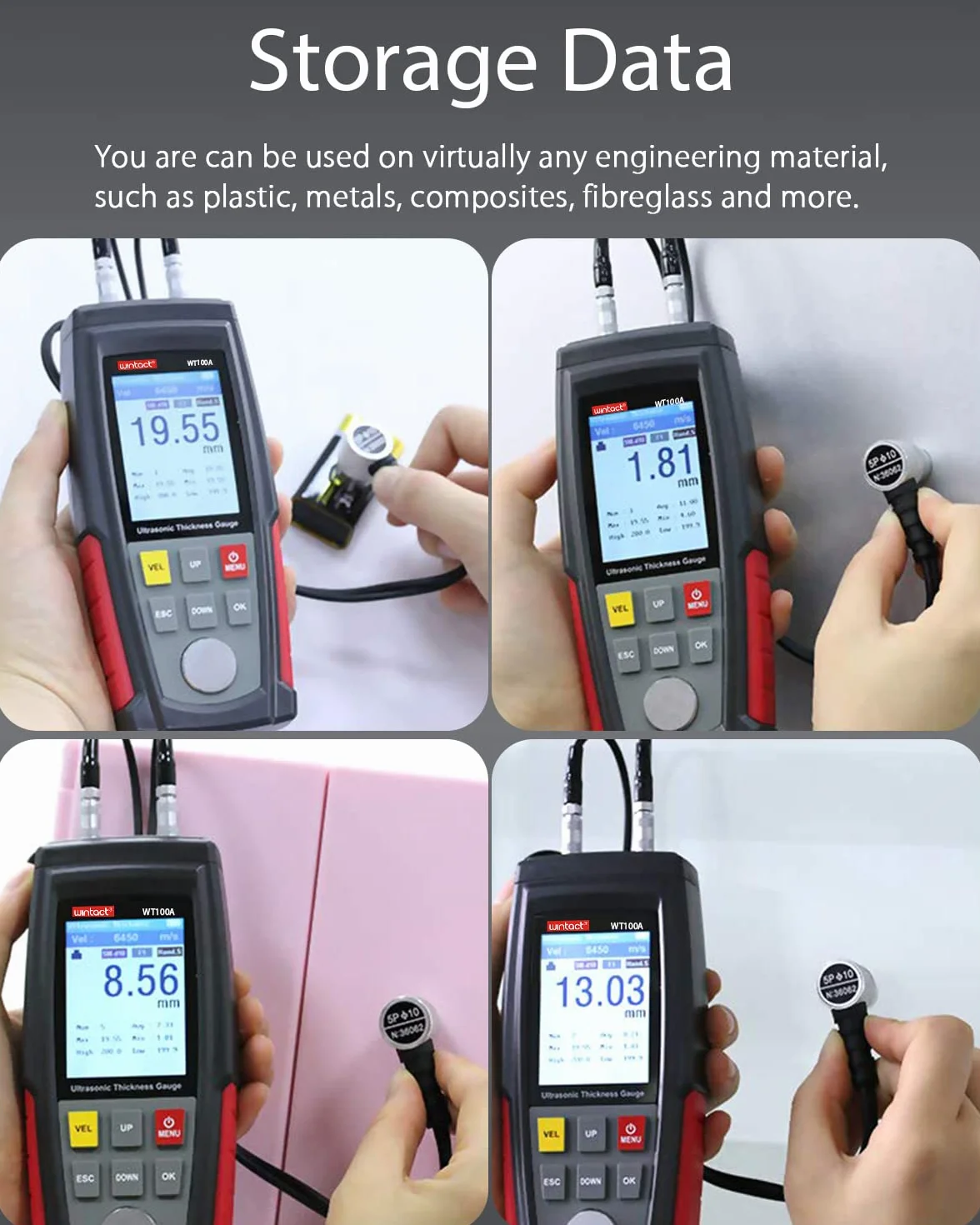 Wintact Digitales Ultraschall-Dickenmessgerät, Messbereich 1,00 bis 300 mm mit Sonde zur Messung von metallischen und nichtmetallischen Werkstoffen, Zylinderwänden, Kunststoff, Glas, PVC