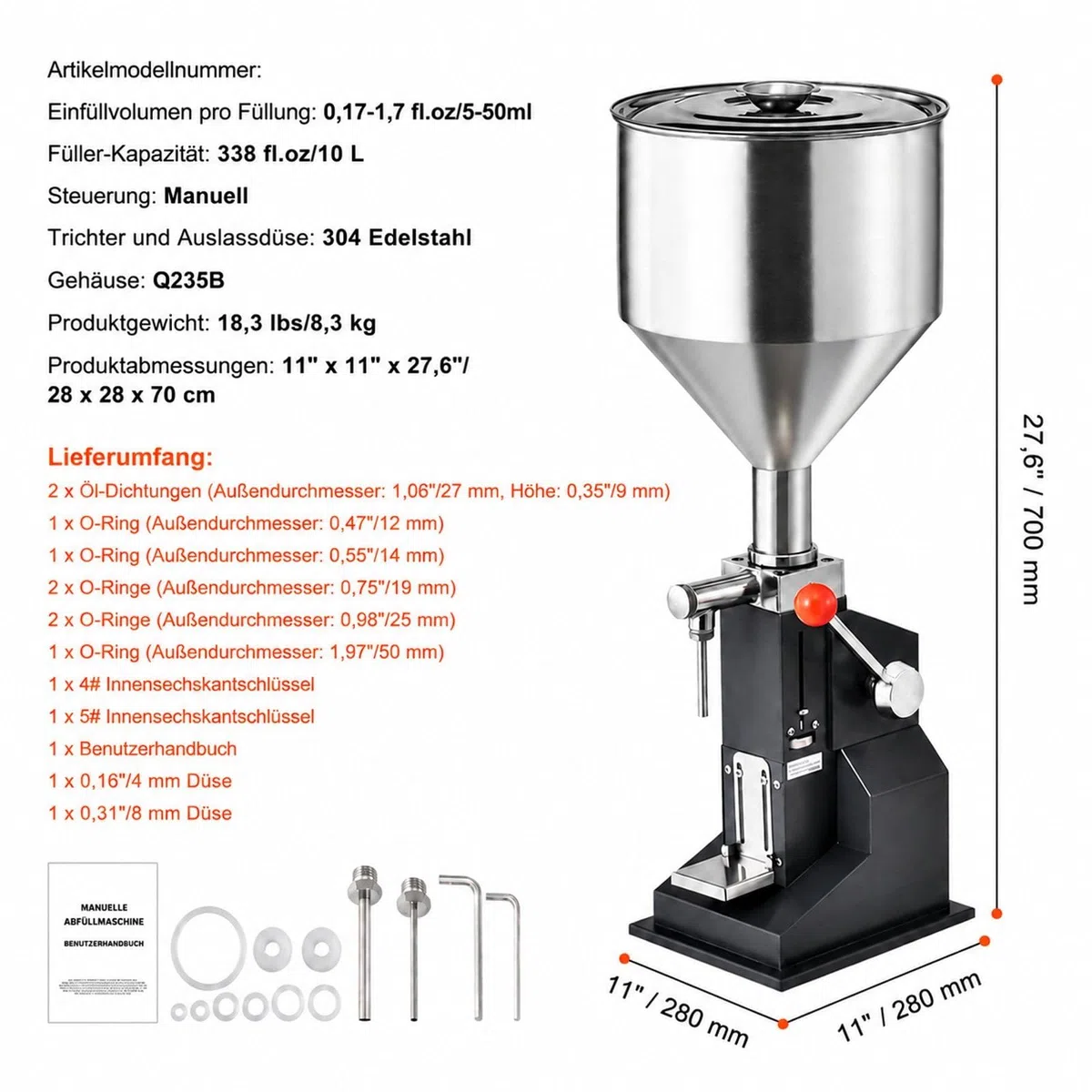 Manuelle Abfüllmaschine für Flüssigkeiten und Pasten, verstellbarer Flaschenfüller mit Trichter, Edelstahl, für Milch, Wasser, Saft, ätherisches Öl, Shampoo, Honig, Kosmetikcreme