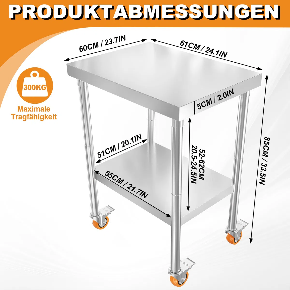 YUENFONG Edelstahltisch Arbeitstisch 61x60x85cm Mobile Küchentisch Servierwagen Catering-Arbeitsplatz mit Rollen und Speicherschicht für Küche, Restaurant, Hotel, Outdoor-Aktivitäten, Silber