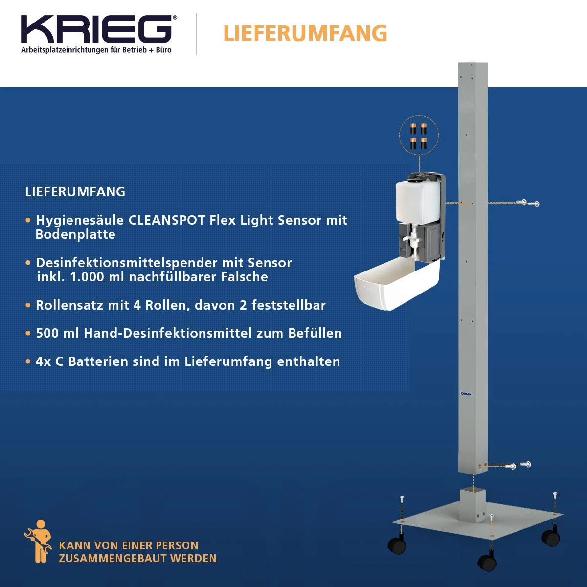 KRIEG Desinfektionsmittelständer mit Sensor I Silber I Kontaktlos Hygienestation 1000 ml - 333 Sprühstöße I Desinfektionsstation freistehend, höhenverstellbar, touchless I Hygienesäule Ready to go