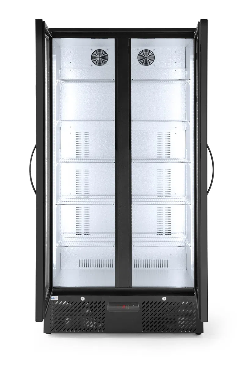 HENDI Getränkekühlschrank, Zweitürig, mit 8 verstellbaren Regalböden, Temperaturbereich: 0° bis 10°C, automatische Abtauung, LED Innenbeleuchtung, 477L, 230V/365W, 900x530x(H) 1820mm, Aluminium, Glas