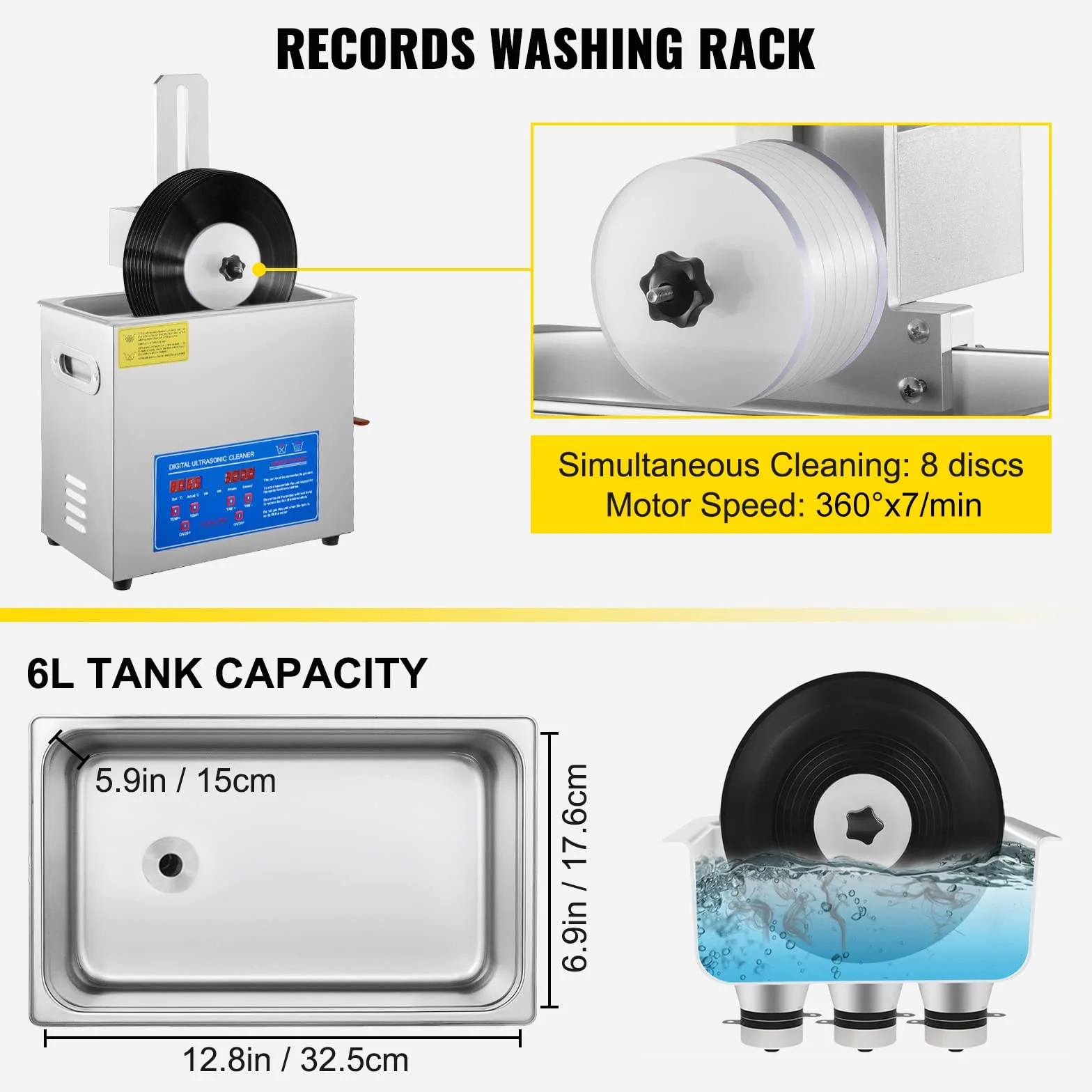 VEVOR Ultraschallreiniger 395 x 25 x 325 mm Ultraschallreiniger für Vinyl 6 L Vinyl Ultraschallreinigungsmaschine 8 Scheiben 180W Schallplatten-Reiniger, Wäscheständer für Zuhause