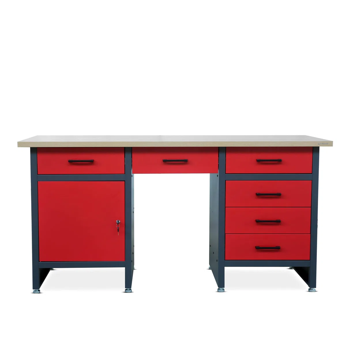 Jan Nowak Werkbank mit Arbeitsplatte Werktisch mit 6 Schubladen Schließfach Verstellbare Füße MDF-Arbeitsplatte Belastbar bis 500 kg Metall 170 cm x 60 cm x 85 cm Anthrazit-Rot