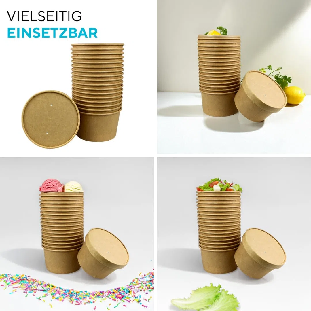 Enpack Suppenbecher Braun 12oz/350ml - Auslaufsichere Schüssel mit Deckel für den Gastronomie & Privat Bereich, Einweg Suppenschalen aus Kraftpapier, Formaler Stil, Nachhaltige Pappschale (300)