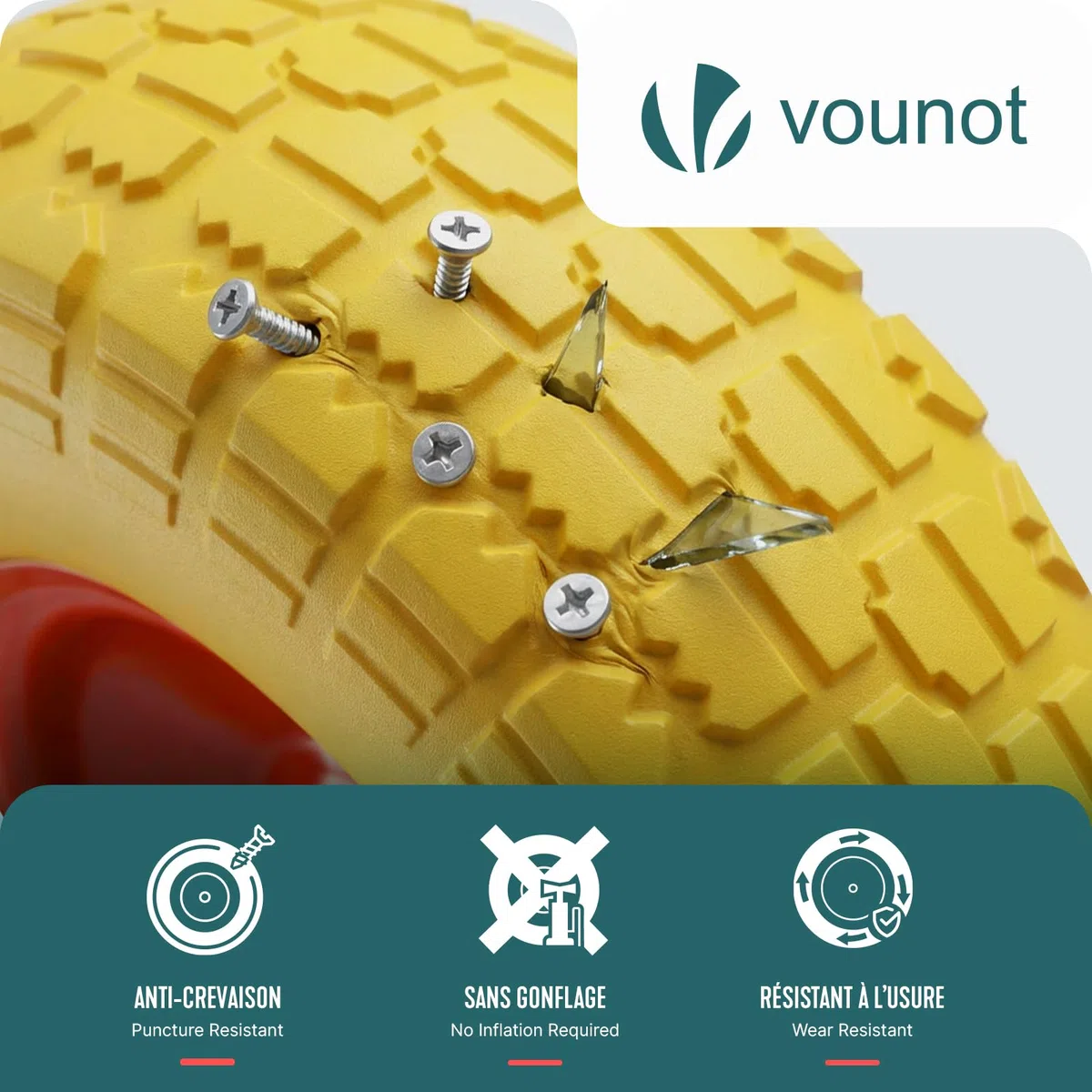 VOUNOT® 4 x Schubkarrenrad PU Vollgummireifen 3.50-4, Pannensichere Ersatzrad 260x85 mm, Kugellager, Innenloch Ø16 mm, für Schubkarre, Sackkarre und Bollerwagen, Gelb