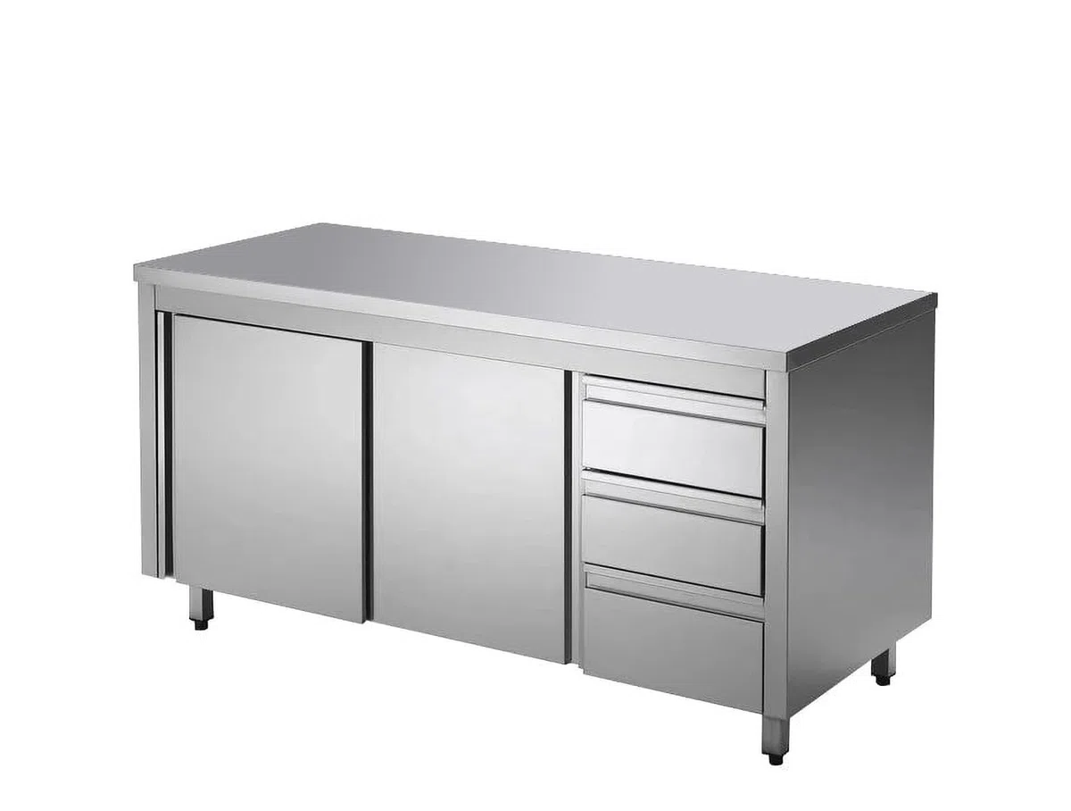 GastroHero Arbeitsschrank 120x70 cm, Edelstahl ASS3SR-ECO12X7 | 3 Schubladen, Schiebetüren, Zwischenboden, AISI 430, höhenverstellbare Füße, Profi Küchenmöbel für Gastronomie