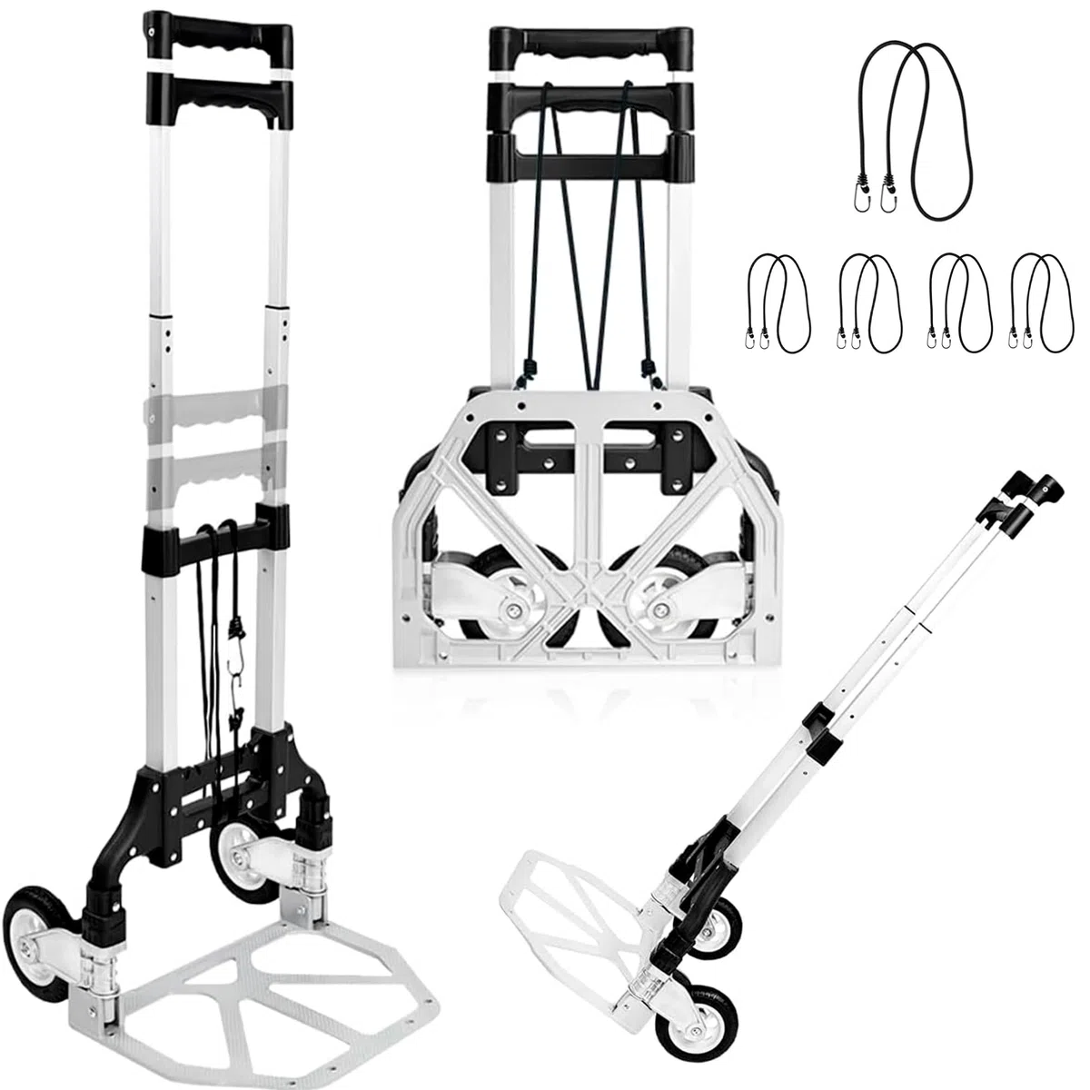 JUPPLIES Sackkarre Klappbar aus Aluminium + 5 Spanngurt – Leichte Transportkarre bis 75 kg, Teleskopgriff 100 cm, Faltbarer Transportwagen mit Rollen, Geräuscharm für Haus, Büro oder Reisen