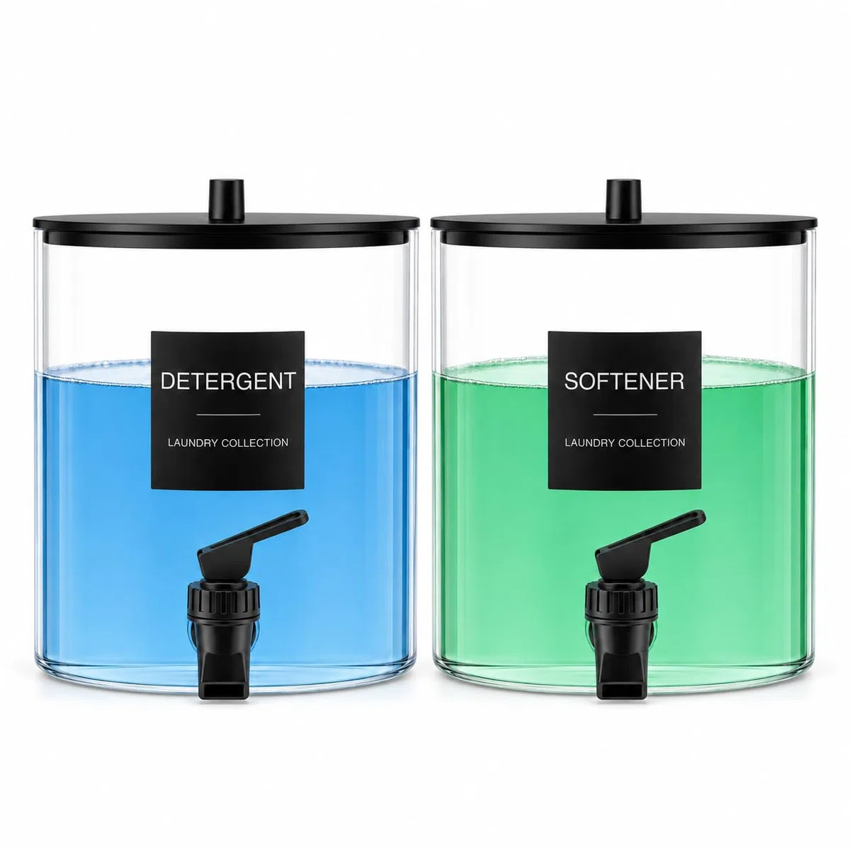 TIPGO Waschmittelspender aus Glas mit Zapfhahn, 3,6 l Flüssigseife und Weichspüler-Behälter, breite Öffnung, Waschmittelhalter mit 6 wasserdichten Etiketten (2 Stück)