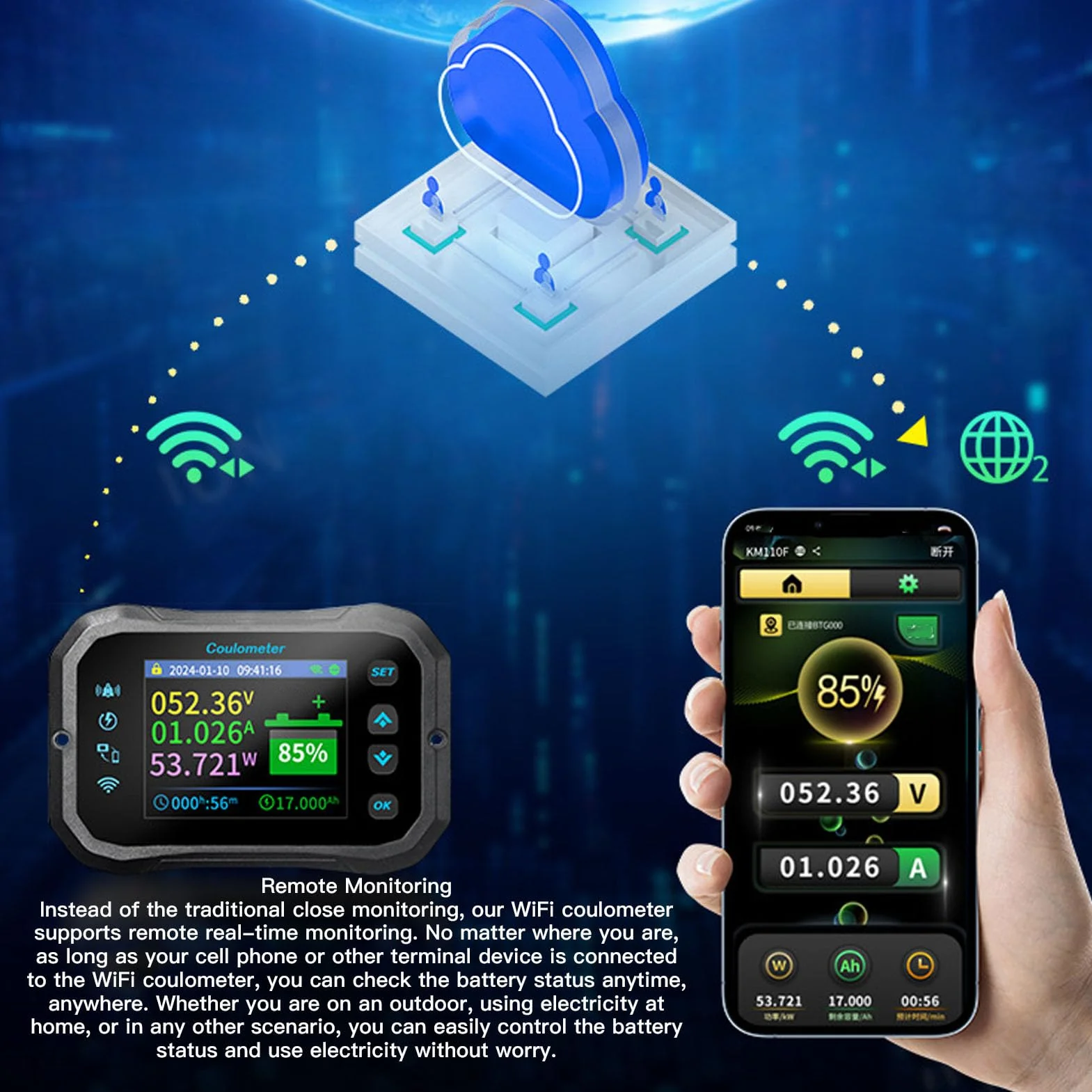 400A WiFi Batteriemonitor, Digitaler Batterie Coulometer 10-100V Batteriekapazität Spannung, Fernüberwachung per App, 2,4-Zoll-Farb-LCD-Coulometer, Für Wohnmobile, Wohnwagen Und Camper