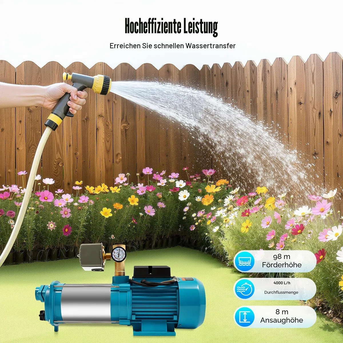 Edelstahl Kreiselpumpe 1300W 4000L/h, Selbstansaugende Gartenpumpe mit 98M Förderhöhe, Hauswasserwerk mit Druckschalter, Gartenbewässerungspumpe für Haushalt und Landwirtschaft