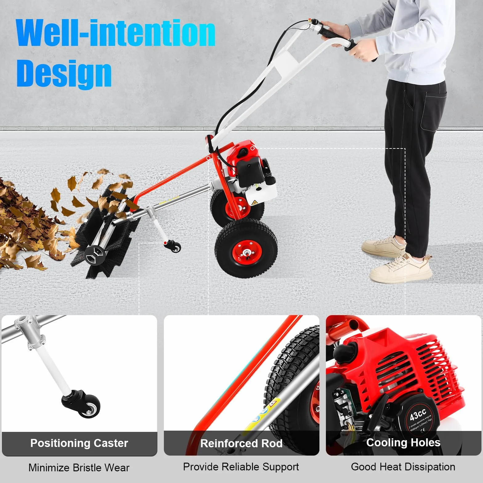 2-Takt Benzin Kehrmaschine, 1,7ps 43ccm Manuell Kehrmaschine Motorbesen Handkehrmaschine Schneeschieber Schneefräse, 1250w Unkraut Entferner WildkrautbüRste für Gehweg Gras Schnee Reinigung Rasen