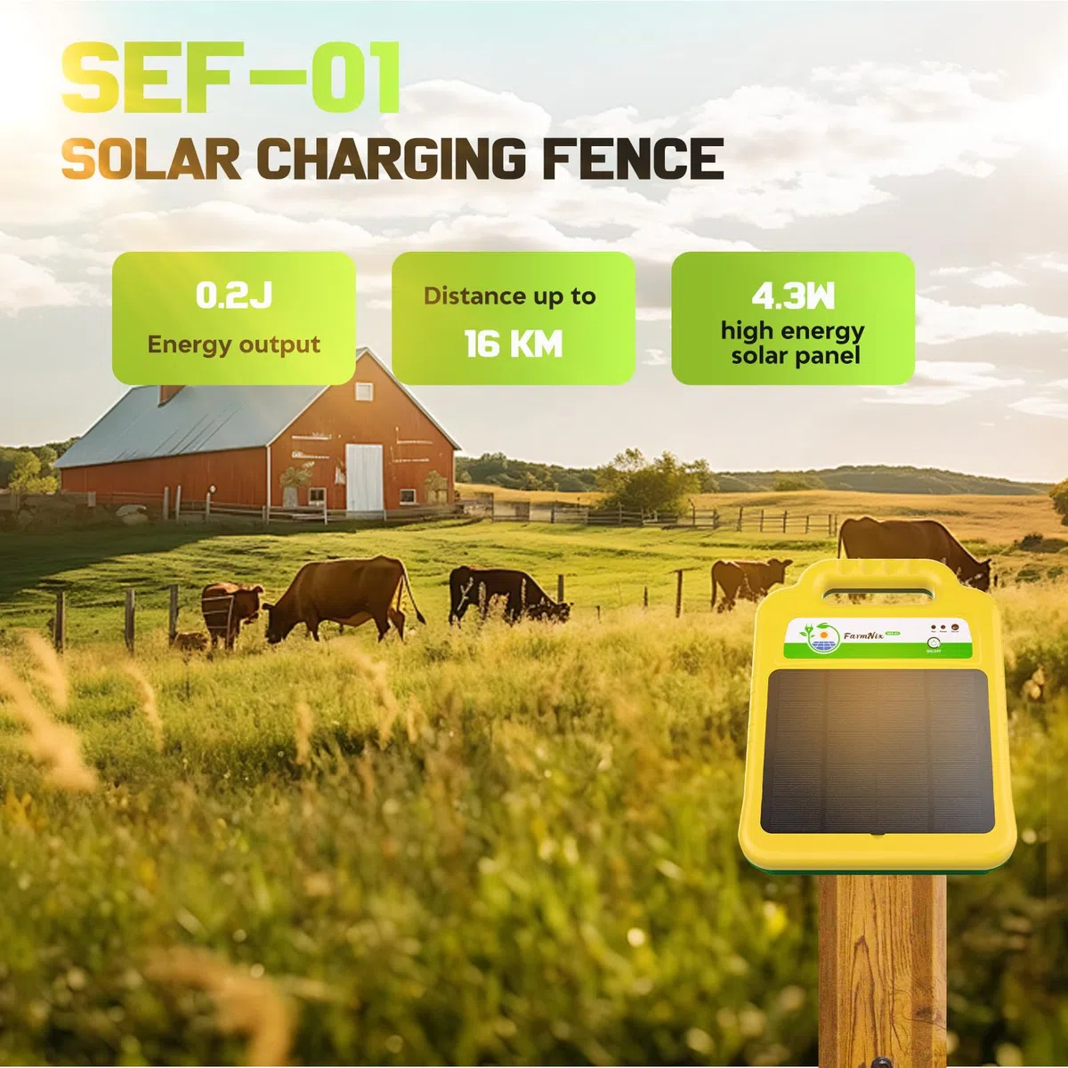 16KM Solar Weidezaungerät 0.2J 8KV Elektrozaungerät mit 10400mAh Lithium-Akku und 4.3W Solarpanel für Rinder, Pferde, Schafe, Schweine, Geflügel und Hof-Tiere