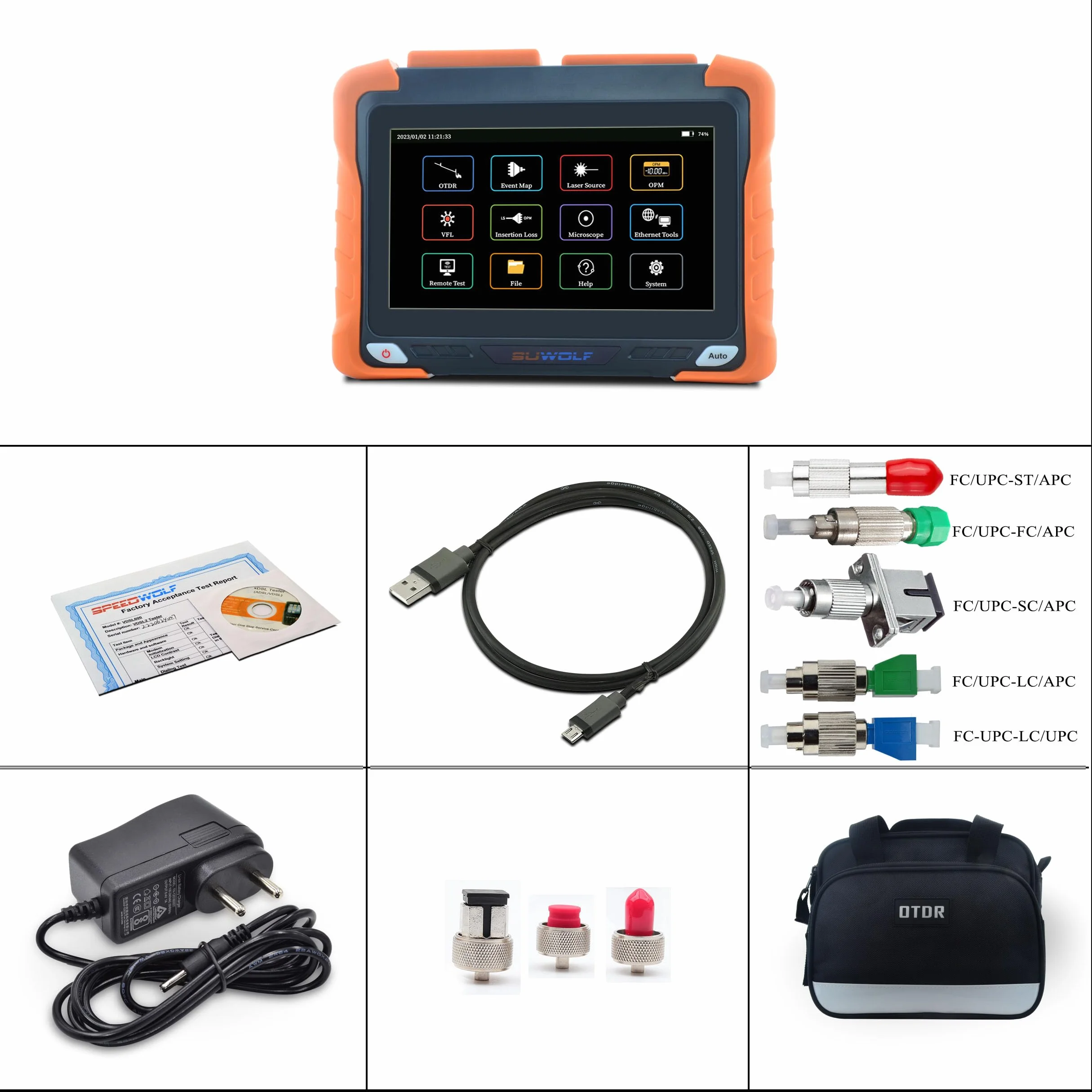 850/1300/1310/1550nm 26/28/35/33dB 4in1 OTDR +VFL+OPM+OLS SM&MM 7” Touchscreen 120Km Glasfaser Tester/LWL Tester/Optische Zeitbereichs-Reflektometer mit SC/FC/ST/LC UPC&APC (OTDR62F-SM1A)