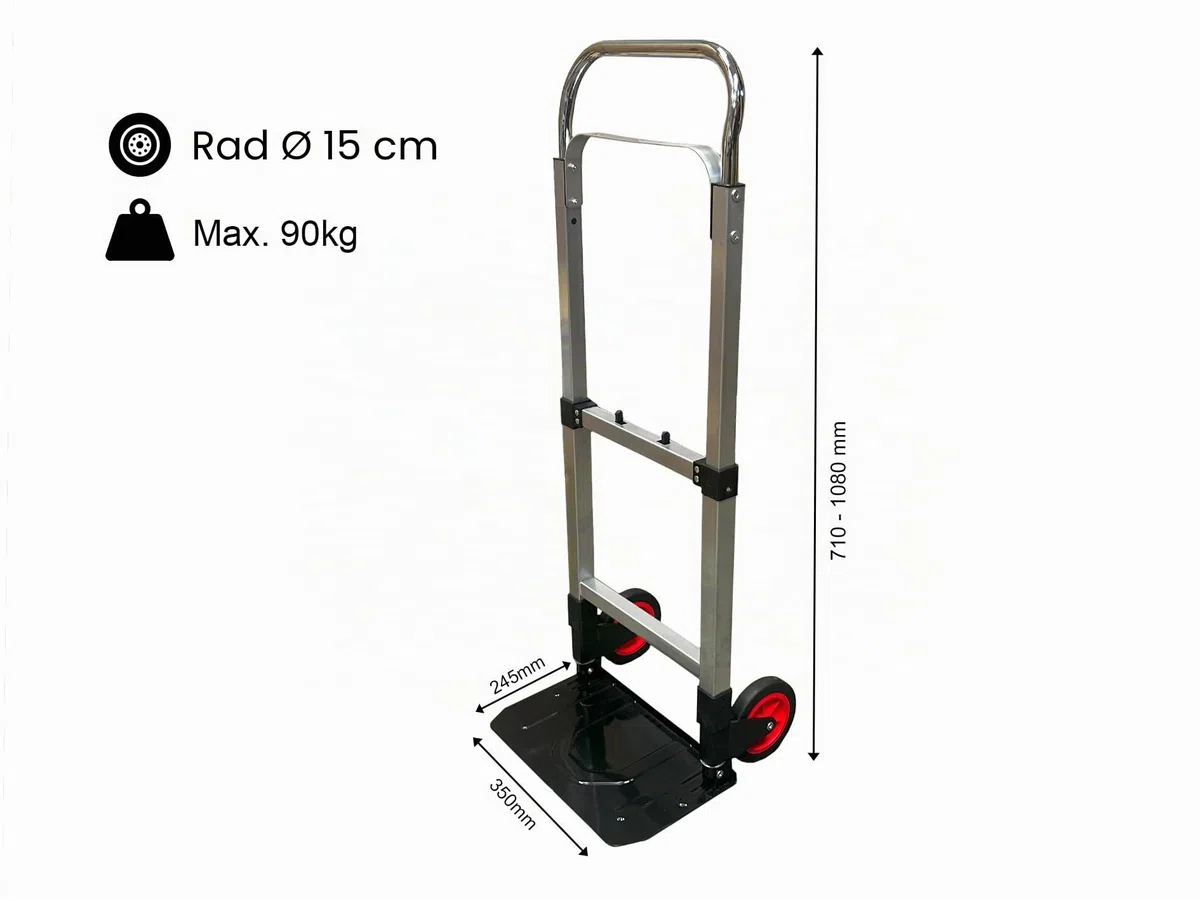 Klappbare Transportkarre Elastisches Spannseil - Tragkraft 90 kg - Höhenverstellbarer Griff - Vollgummireifen - Zusammenklappbare Ladefläche/Handkarre/Sackkarre