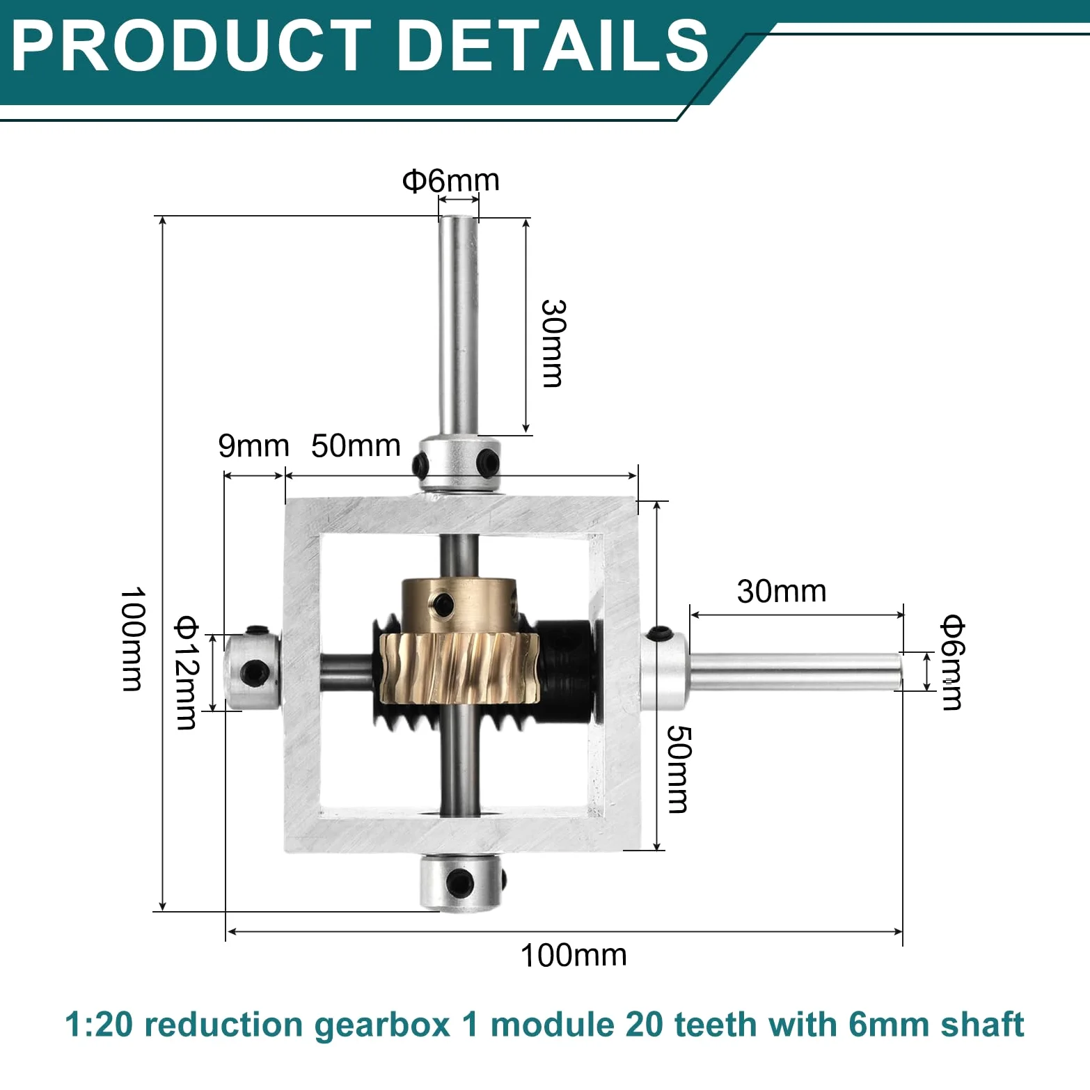 QUARKZMAN Getriebe 90 Grad Rechtwinkliges Schneckengetriebe 1:20 Untersetzungsgetriebe 1 Modul 20 Zähne Schneckenrad Aluminiumrahmen Einfaches DIY Modul Mit 6mm Welle 100x100x50mm(LxBxH)