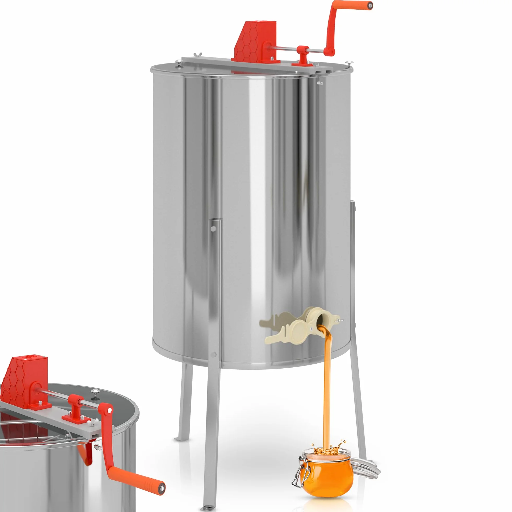 Jago® Honigschleuder - aus Edelstahl, Manuell, für 4 Waben, Ø490 mm, mit Deckel - Honig Extraktor, Schleuder, Tangentialschleuder, Honey Extractor, Imker und Bienenzüchter Zubehör