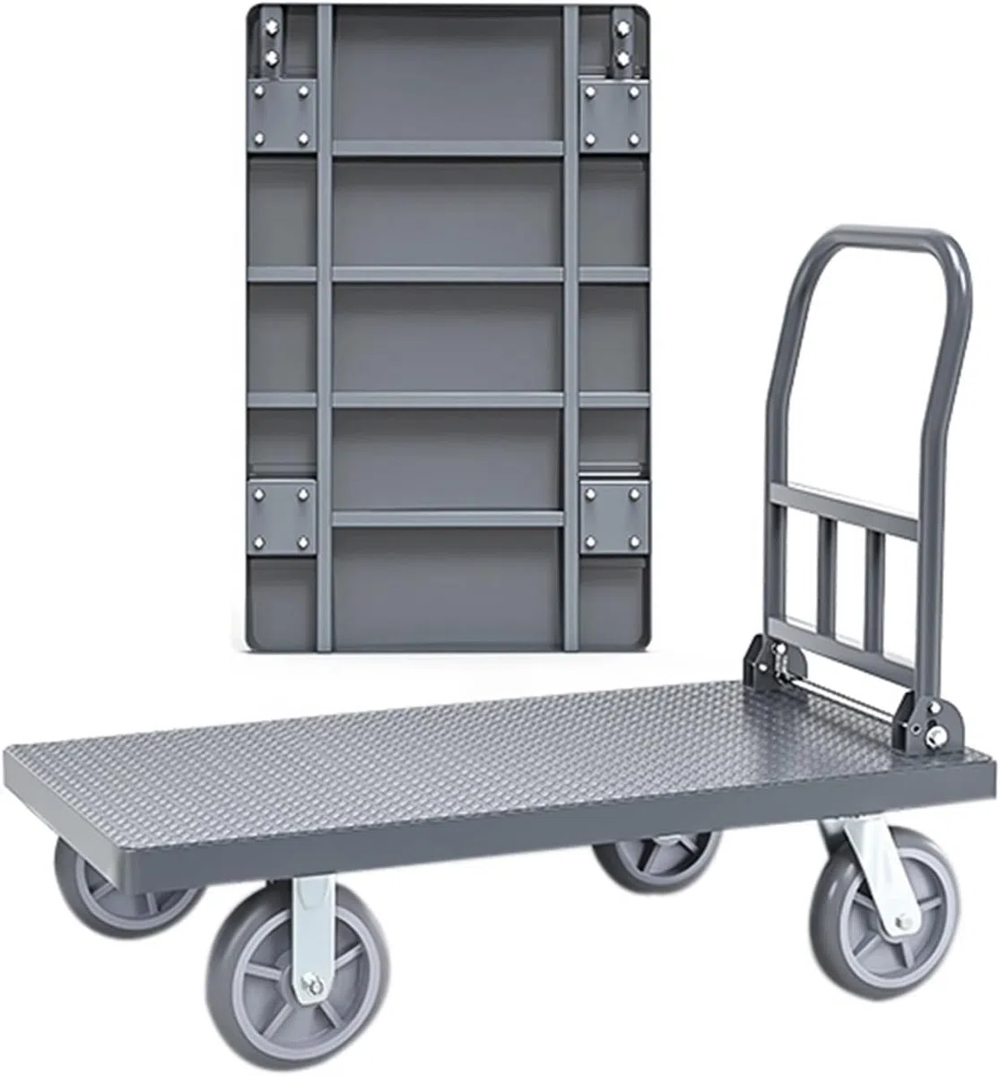 Handwagen mit klappbarer Stahlplattform, Schubkarre, faltbar, robust, rutschfest, maximale Tragkraft 600 kg, mit 4 Rädern