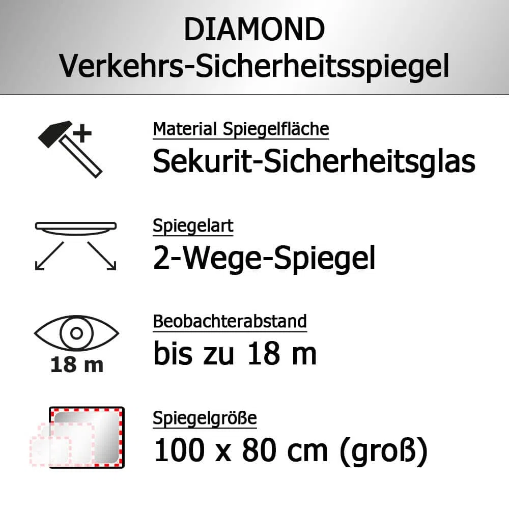 DIAMOND Verkehrsspiegel, SEKURIT-Sicherheitsglas, rot/weiß, 100 x 80 cm aus Stahl, Kunststoff, Glas, Art.-Nr. 41047 | Sicherheitsspiegel | Straßenspiegel