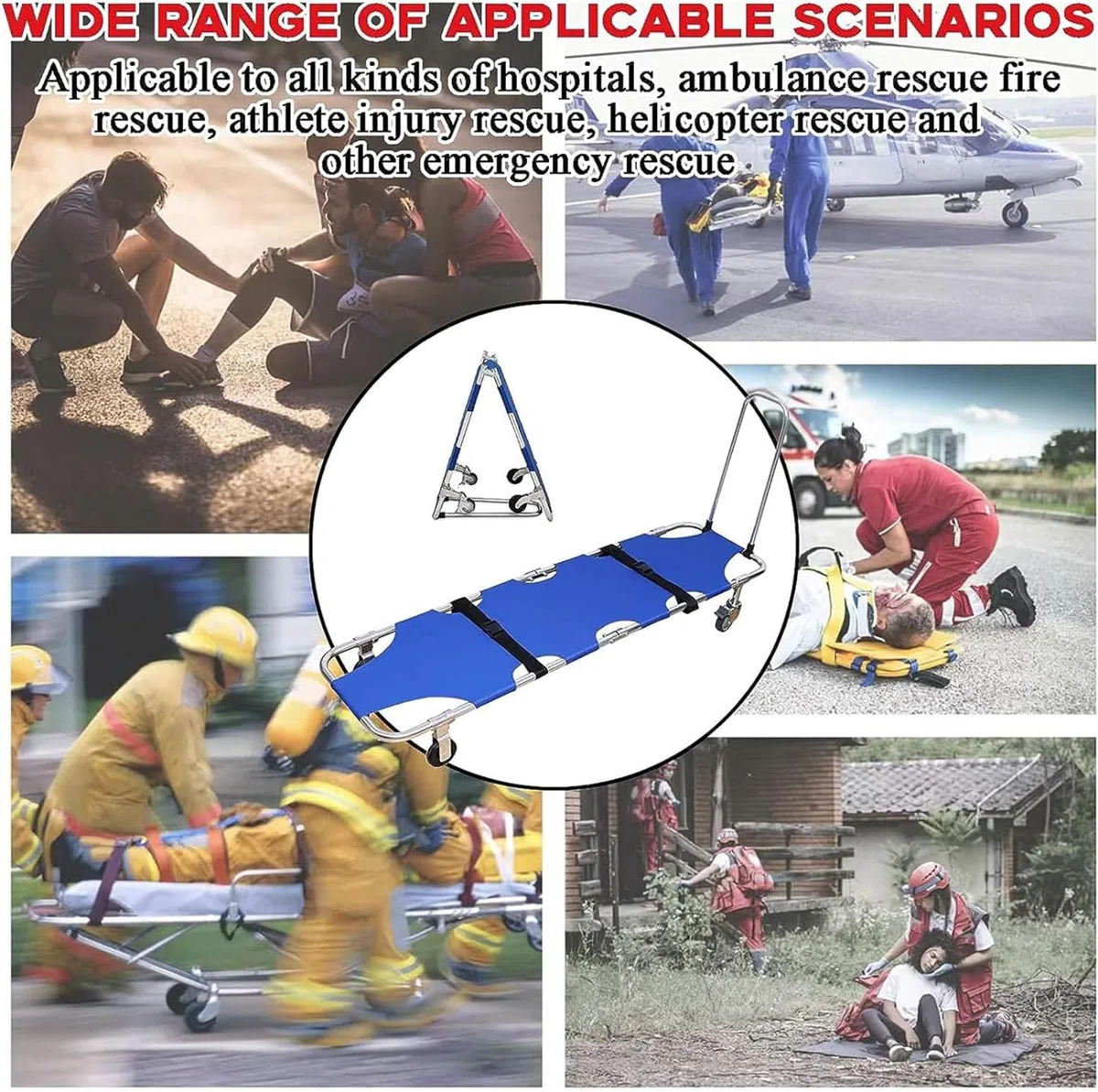 Klapptrage, medizinische Trage aus Aluminium, leicht, mit Trolley 4 Rädern, verschiebbare Rettungstrage für den Patiententransport, für Krankenhäuser, Krankenwagen, Feuerwehr