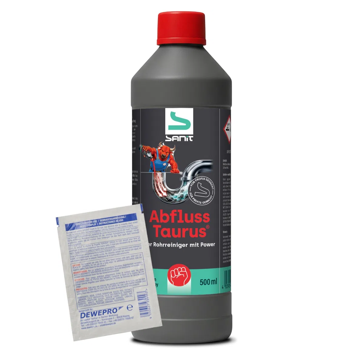 SANIT AbflussTaurus Rohrreiniger 500 ml inkl. DEWEPRO SingleScrubs | Kraftvoller Abflussreiniger mit Tiefenwirkung gegen Fett, Haare, Kalk, Zellstoff und hartnäckige Rohrverstopfungen
