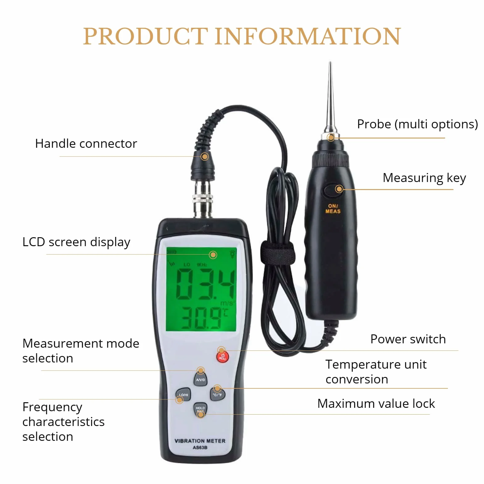 Vibrationstester, AS63B LCD-Display Hintergrundbeleuchtung, Tragbarer Vibrometer-Analysator, Hochempfindliches Vibrometer, Digitaler Vibrationsmesser mit Aufbewahrungskoffer
