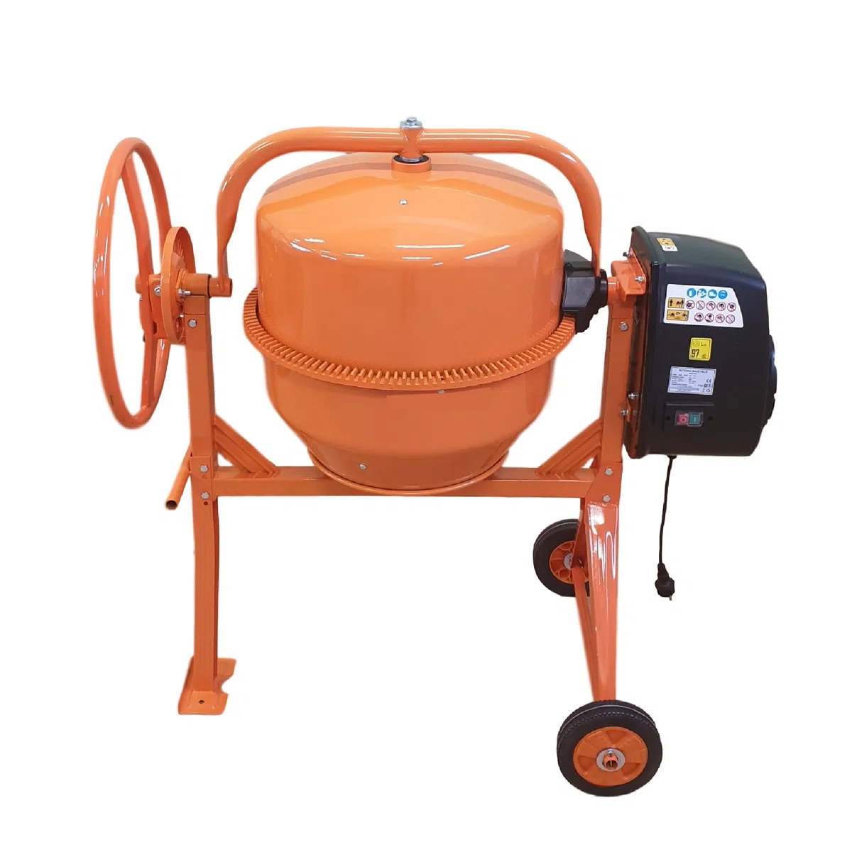 Betonmischer BAU140, 140L Trommel, 650W Motor, Orange, Stahlrahmen mit Metall-Zahnkranz, Kunststoffräder, Kipp-Handrad