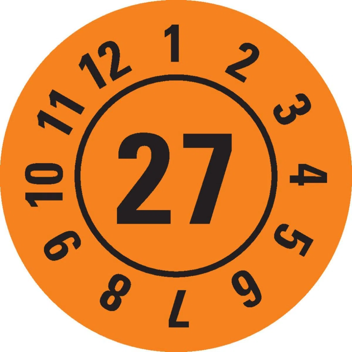 Jahresprüfplakette 27, Dokumentenfolie, selbstklebend, orange, Ø 25 mm, 500 Stück/Rolle