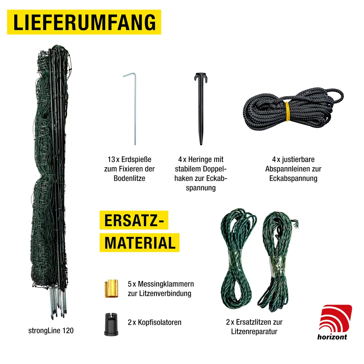 horizont Hühnerzaun strongLine 50m lang 120cm hoch - 15 Fiberglaspfähle mit Doppelspitze - Geflügelnetz ohne Strom, mobiler Geflügelzaun, Gartenzaun